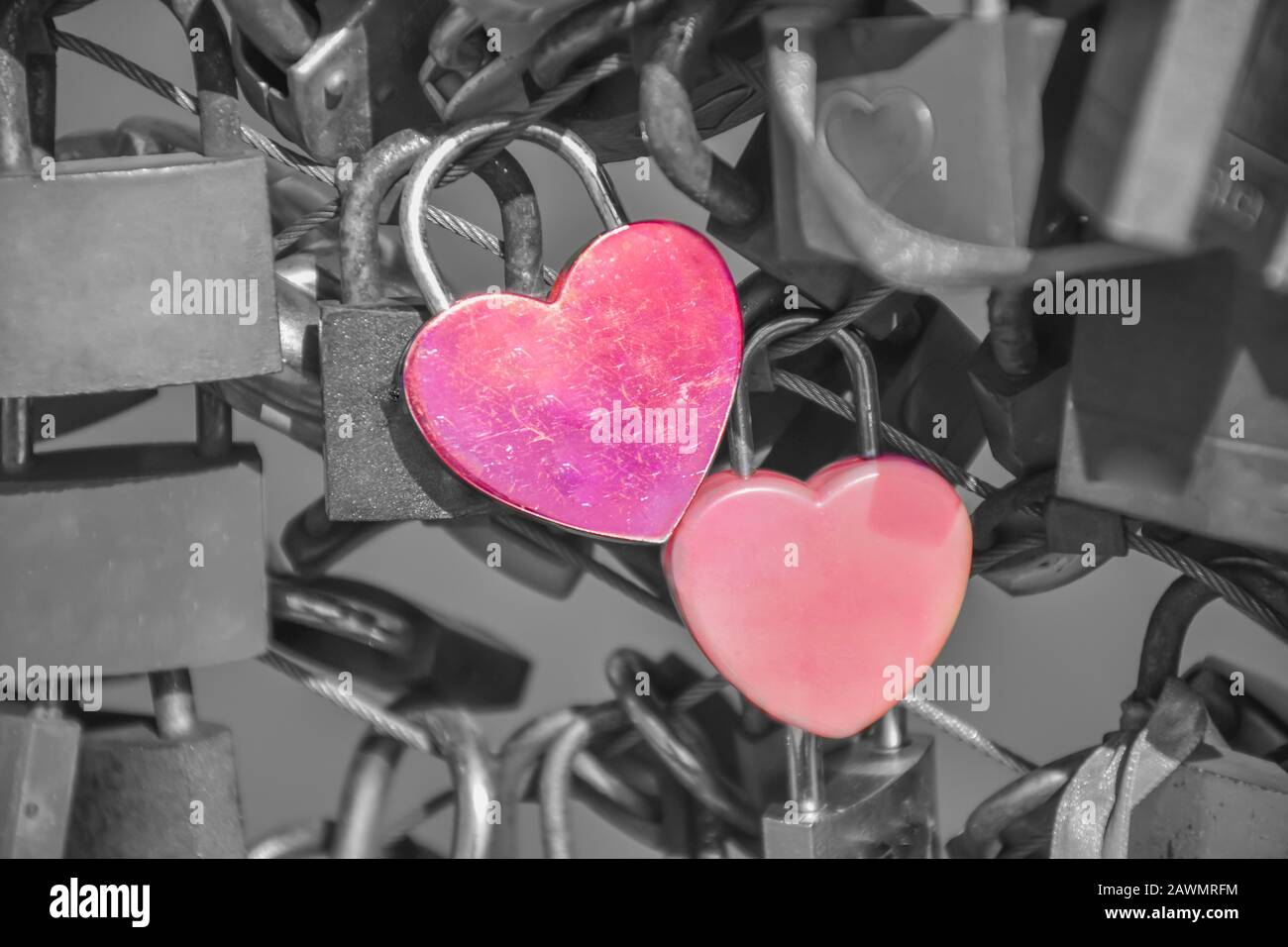 Due lucchetti a forma di cuore rosso sulla recinzione di un ponte. Simbolo dell'amore per sempre. Sfondo monocromatico. Foto Stock