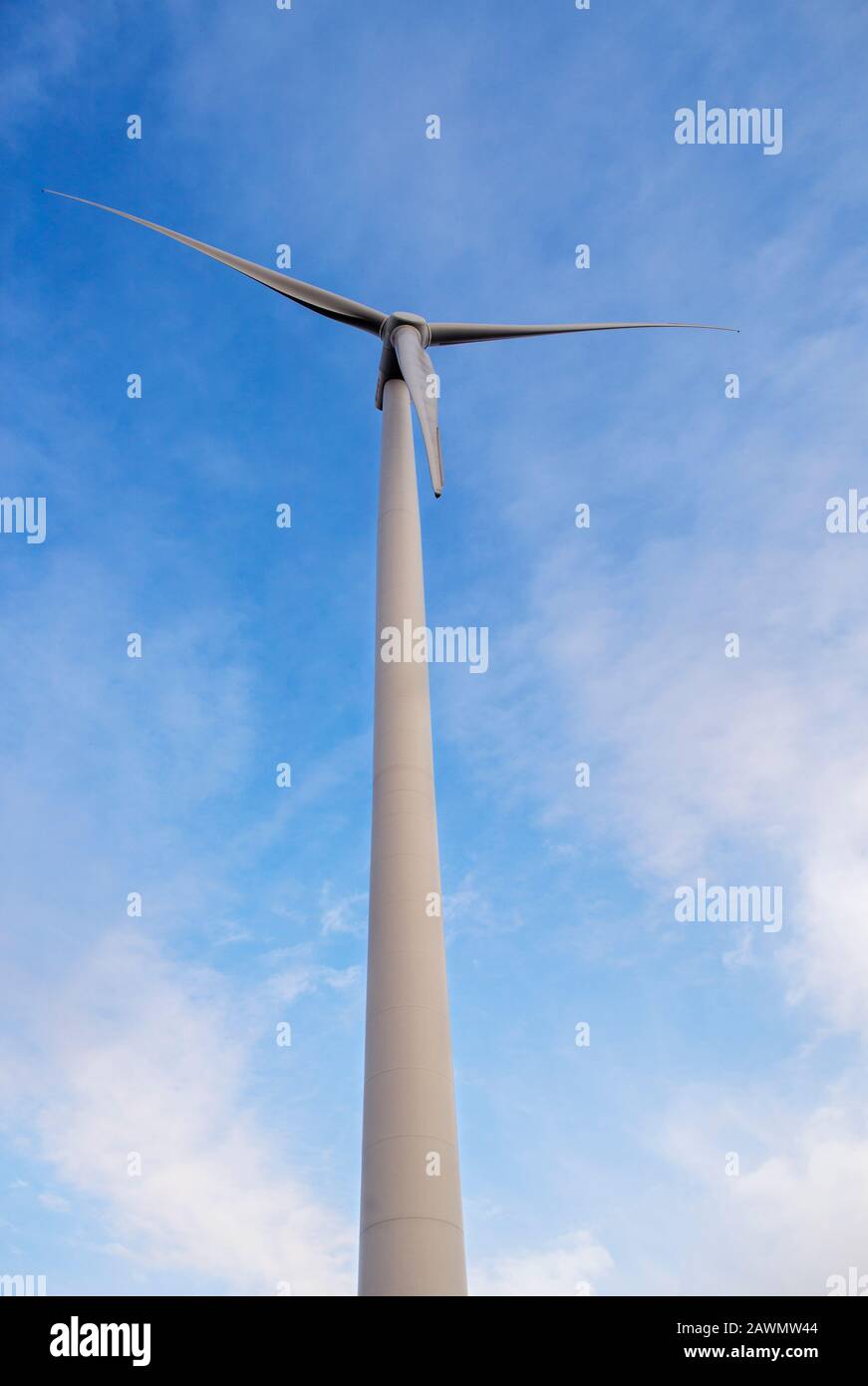 Turbina eolica singola contro un cielo blu Foto Stock