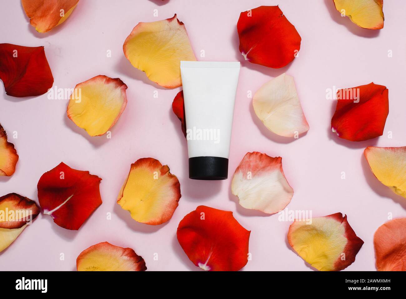 Tuba con crema idratante su sfondo pastello rosa tra petali di rosa rosso e arancione. Il concetto di cura della pelle, cura anti-invecchiamento, ingredienti naturali in cos Foto Stock