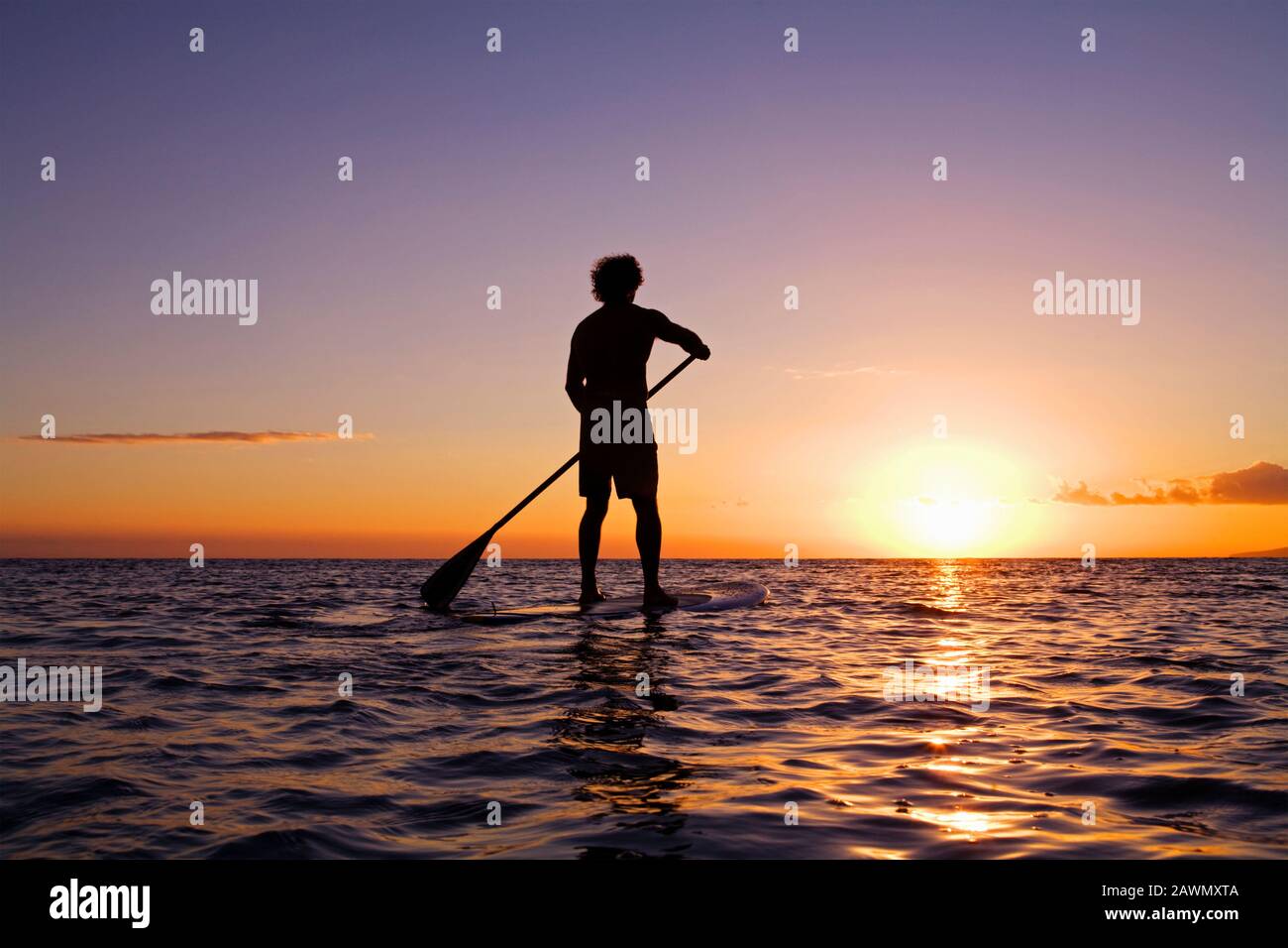 Pagaie uomo sane e adatte, una tavola da paddle in piedi al tramonto a Olowalu, Maui, Hawaii. Foto Stock