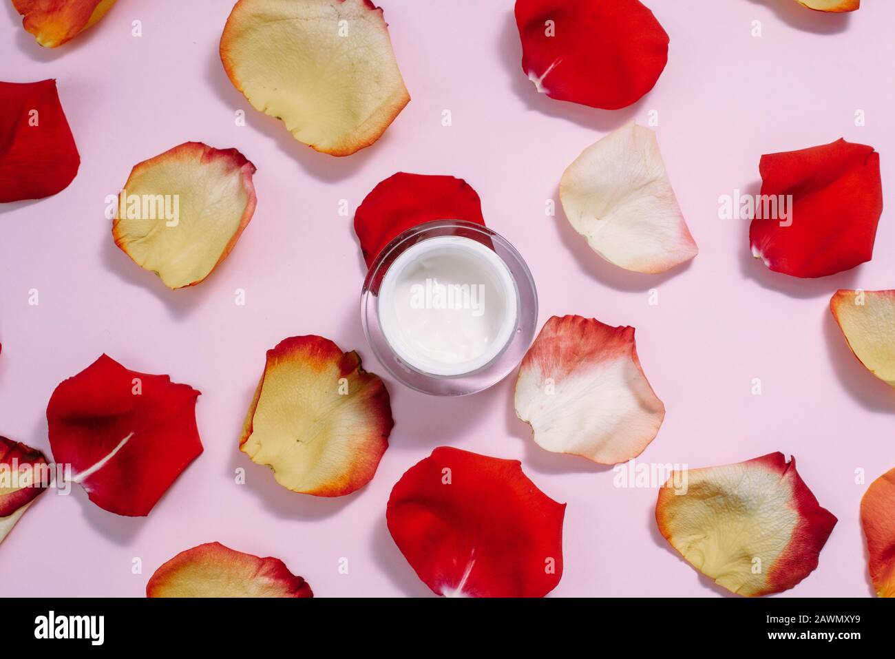 Apri moisturizer su sfondo rosa pastello tra petali di rosa rosso e arancione. Il concetto di cura della pelle, cura anti-invecchiamento, ingredienti naturali in cosmetica Foto Stock