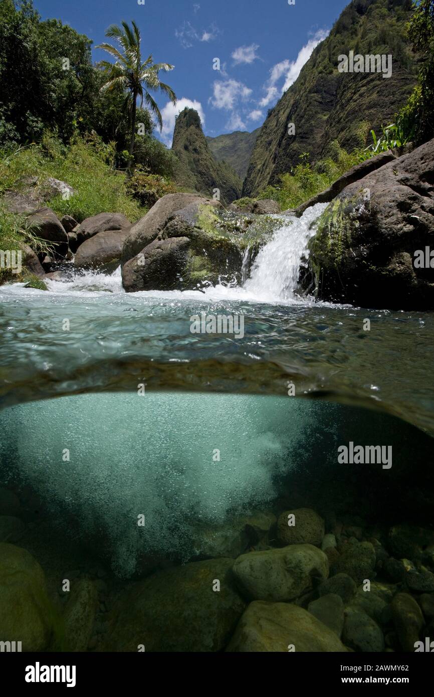 Sopra E Sotto Iao Stream, Iao Valley State Park, Maui, Hawaii. Foto Stock