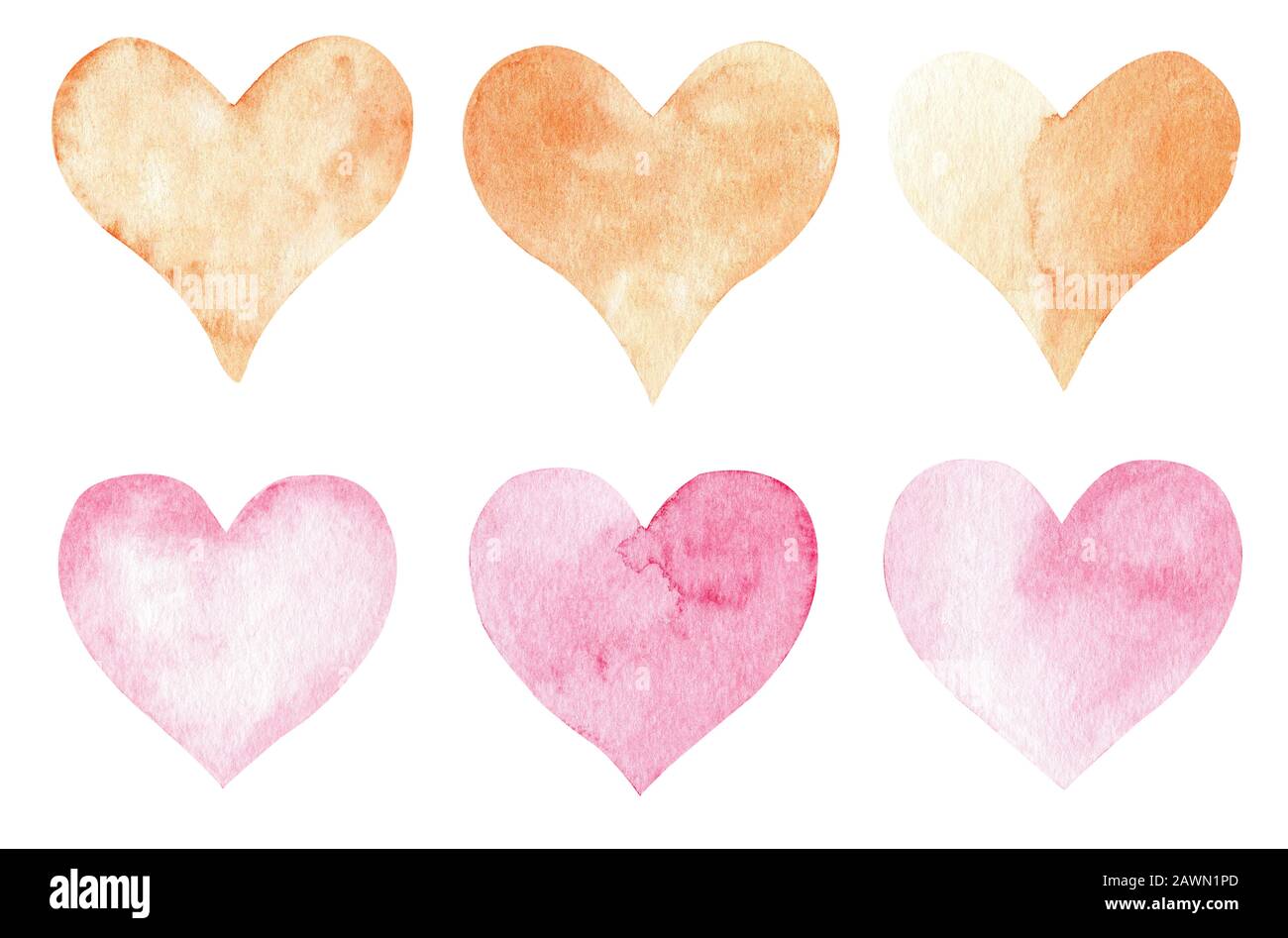 Set di cuore rosa e arancione con acquerello disegnato a mano. Cute Hearts raccolta isolato su sfondo bianco. Elemento dal design romantico per l'Invito al matrimonio, Foto Stock