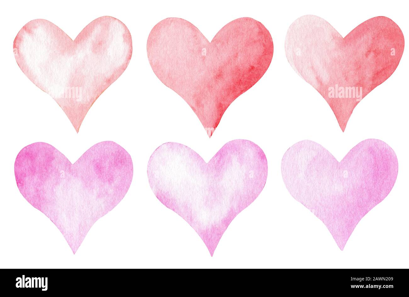 Set di cuore rosso e rosa acquerello disegnato a mano. Cute Hearts raccolta isolato su sfondo bianco. Romantico elemento di design per invito al matrimonio, val Foto Stock