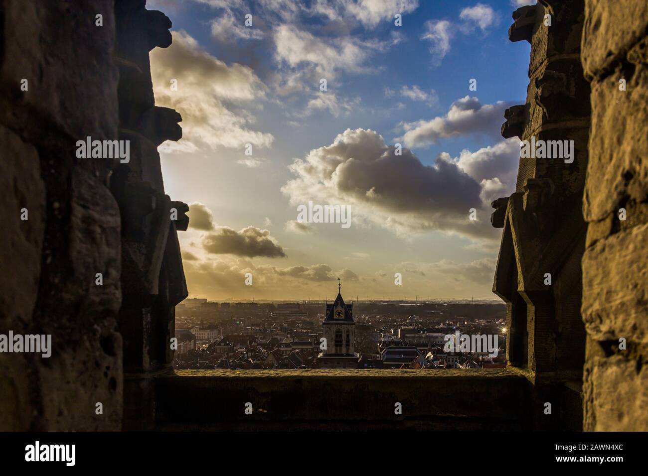 Delft, Paesi Bassi, Olanda, 18 Gennaio 2020. Vista dall'alto dalla Chiesa Nuova (Nieuwe Kerk) Campanile di Stadhuis (il Municipio) (stile rinascimentale Foto Stock