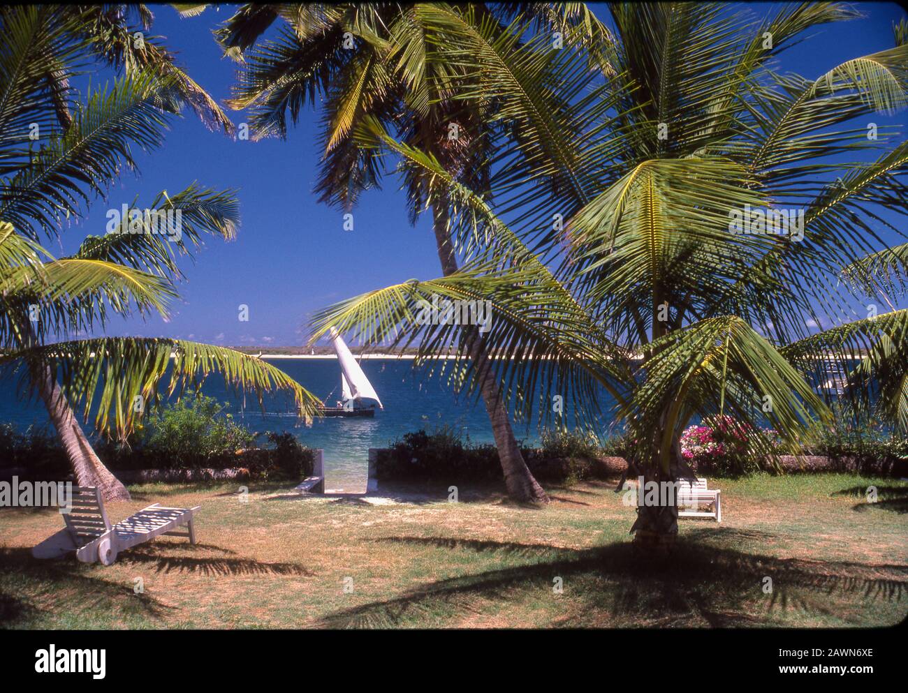 Peponi Hotel sulla spiaggia, vicino alla città vecchia di Lamu, isola al largo della costa dell'Oceano Indiano del Kenya. Foto Stock