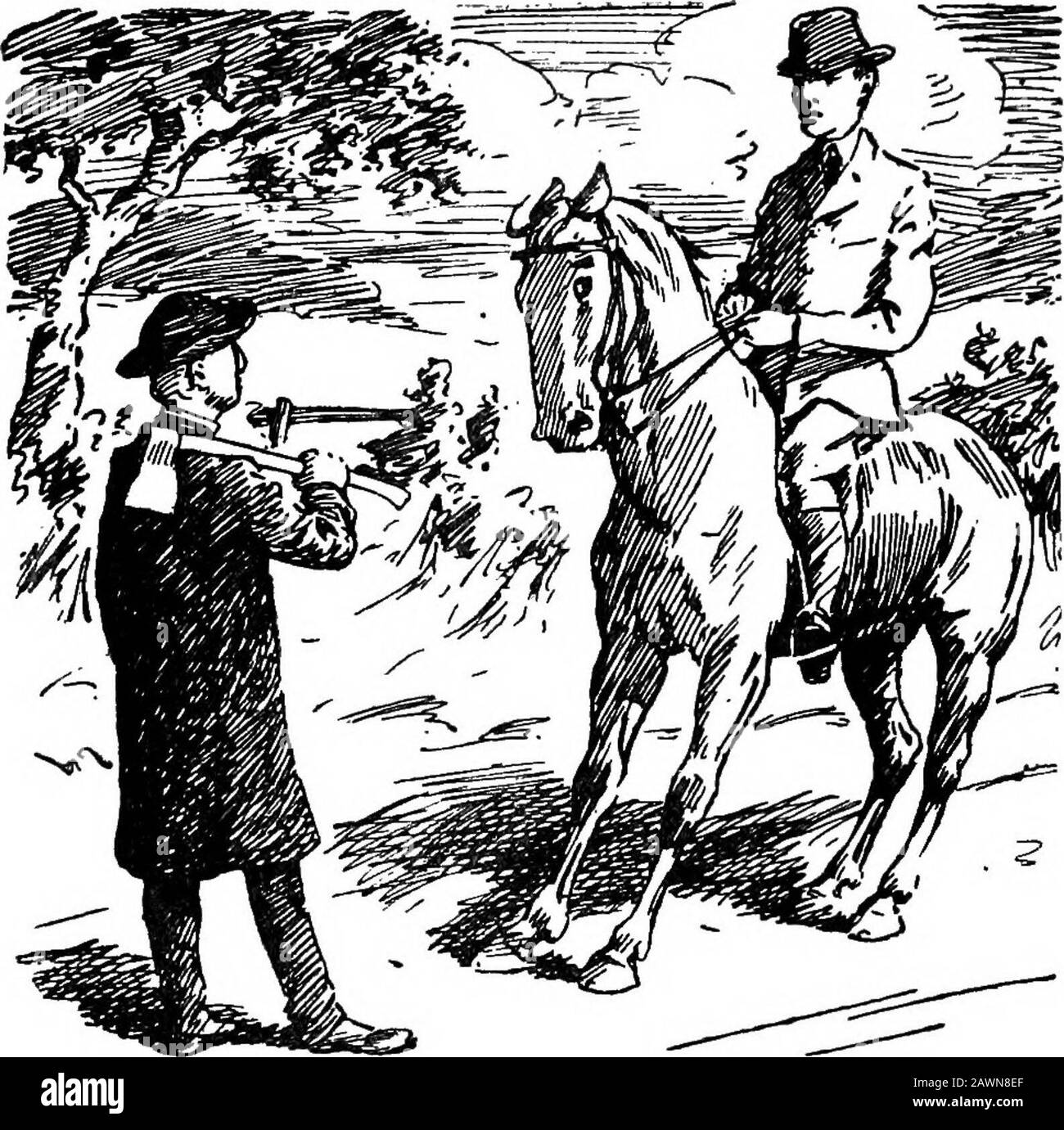 Queer pazienti . lunga al suo ritmo. Daybreakwas appena apparendo e la prima striscia di luce solare dorata accesa l'orizzonte.Improvvisamente là saltò fuori dalla siepe, davanti al mio cavallo, il mio reverend e eccentricfriend - questa volta con un'ascia sul suo braccio.He stava dritto davanti al mio cavallo, Andi doveva tirare in su. Ci siamo scambiati dei saluti ed alcuni commenti comuni, e lui stava parlando con me abbastanza razionalmente, quando improvvisamente un espressionismo un po 'feroce è venuto su di lui, e ha puntato con la sua mano al magnifico panorama di scenario whichlay tutto intorno a noi, una scena che ha abbracciato il threeor f Foto Stock