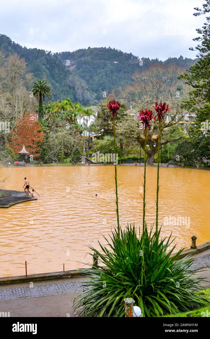 Furnas, Azzorre, Portogallo - 13 gennaio 2020: Piscina termale con acqua calda di ferro nel Giardino Terra nostra. Persone che nuotano in acqua di colore marrone da una sorgente vulcanica. Attrazione turistica portoghese. Foto Stock