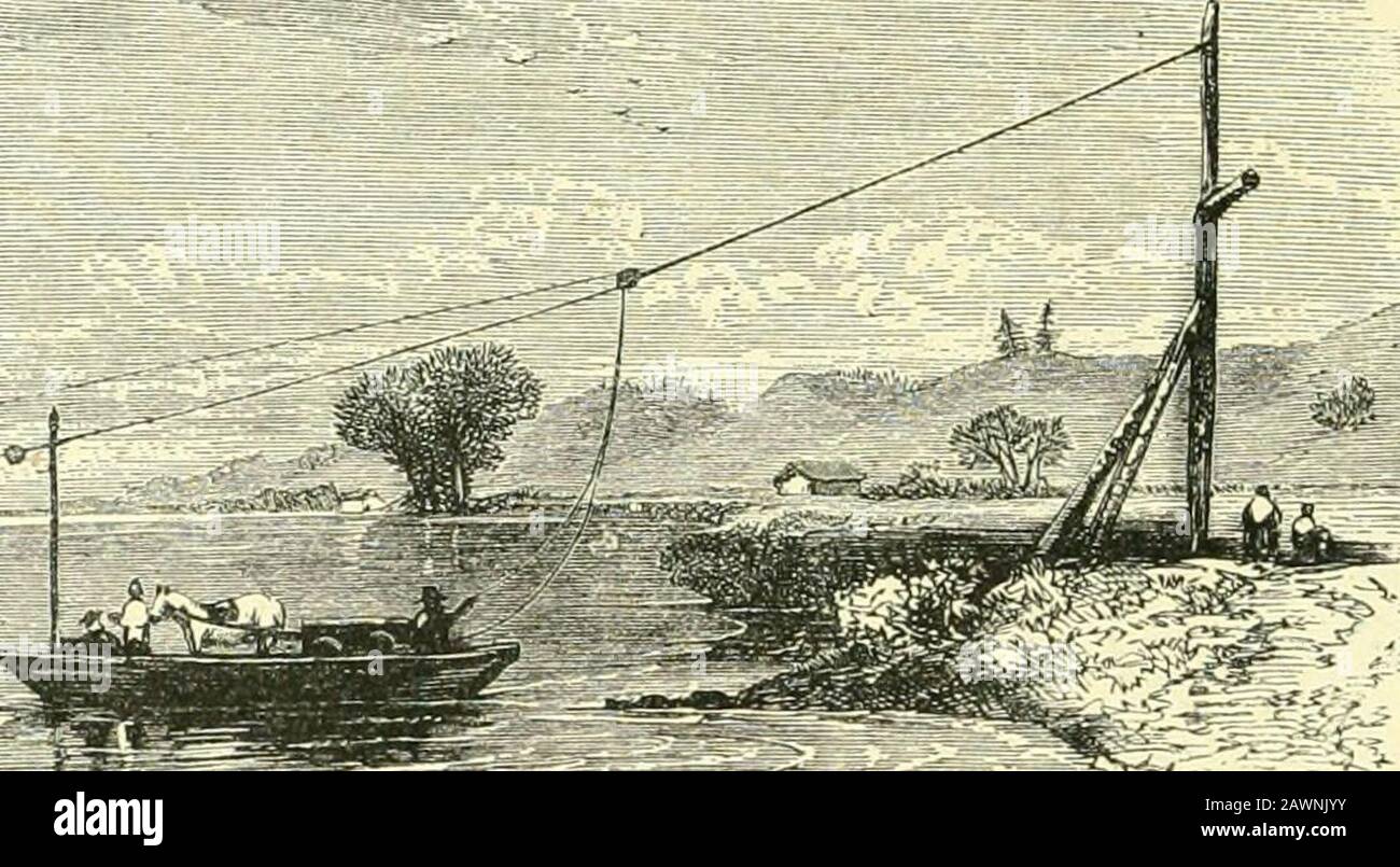 L'Hudson, dal deserto al mare. ff e l'aspetto vergognoso, e allof lo stesso modello. Un'immagine di uno di essi è data alla testa del thischapter. Il fiume è stato attraversato anche in diversi luoghi tramite traghetti. Questi, a volte, ha presentato scene piuttosto pittoresche, quando donne mene, squadre, stock dal vivo e merchandise, capita di costituire thefiload una volta. Il veicolo era una grande scrofa o una corazzata, che si precipitò per mezzo di pali lunghi, che raggiungevano il fondo del fiume; L'HUDSON. Ed era mantenuto nel suo corso, in dispregio della corrente, da corde avanti anda Foto Stock