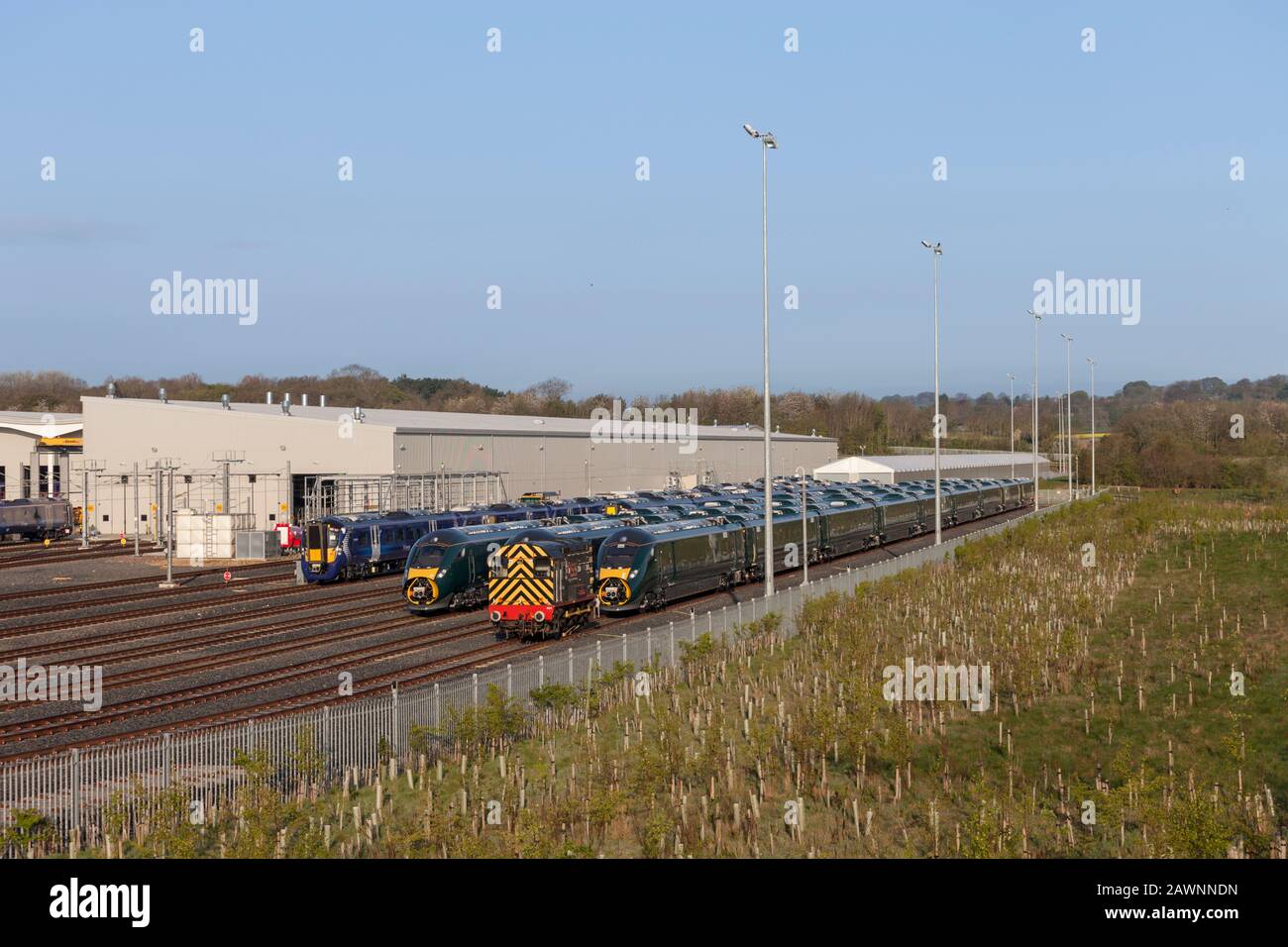 Appena assemblati classe 800 IEP treni per primo la Great Western Railway e la classe 385's per Scotrail presso la Hitachi impianto di assemblaggio a Newton Aycliffe Foto Stock