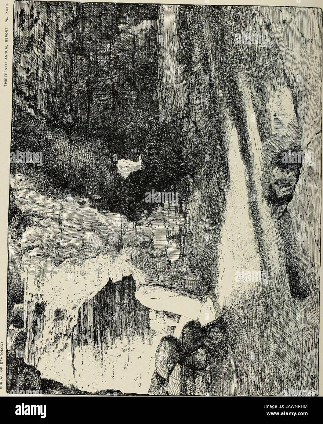 Rapporto annuale dell'Ufficio di Etnologia al segretario dell'Istituto Smithsonian .. . Fig. 291. 0*-pianta di casette di cavato, gruppo D All'estremità meridionale della stanza c'è un cubby-buco circa un diametro del piede, scavato al livello del pavimento. All'estremità orientale del roomThere è un passaggio lungo circa 2k piedi che conduce in una stanza più piccola di roughlyCircular, misurando 7i piedi nel suo diametro più lungo, e questo dentro. MINDEI.EKF] INTERNO DI CASETTE CAVATE. 227 giro è collegato con un altro quasi circolare stanza della stessa taglia. I pavimenti di tutti e tre questi stanze sono sullo stesso livello, ma il Foto Stock