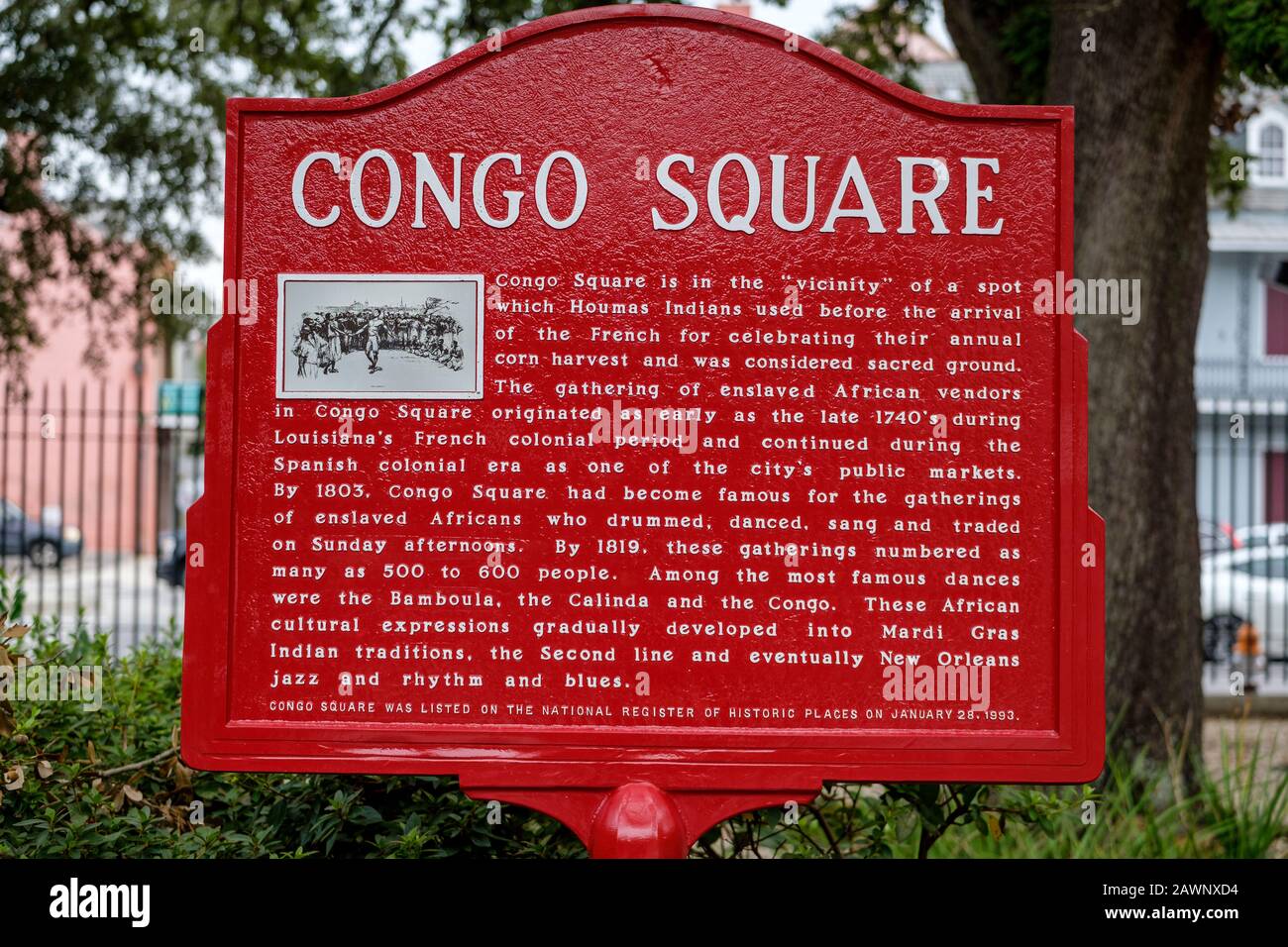Congo Square lapide commemorativa, cartello, Louis Armstrong Park, New Orleans, NOLA, STATI UNITI Foto Stock