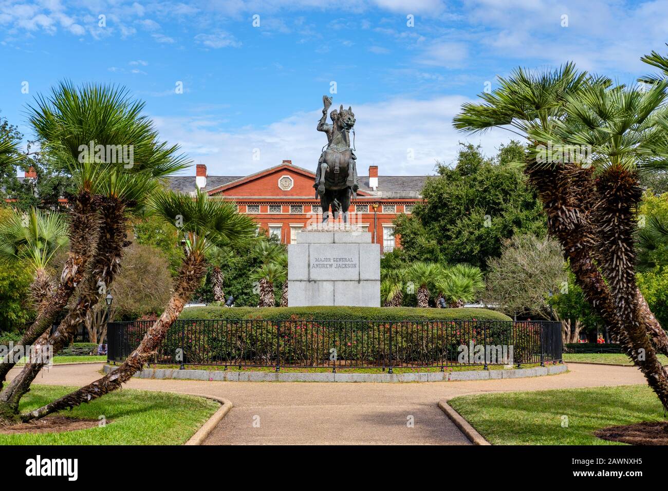 Statua di Andrew Jackson dello scultore Clark Mills, Jackson Square, parco cittadino nel centro di New Orleans, quartiere francese, Stati Uniti Foto Stock