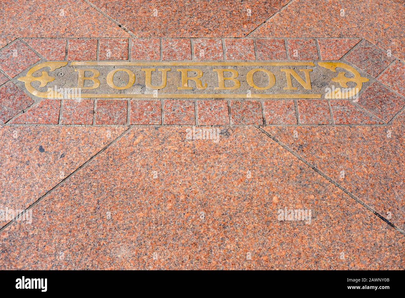 Cartello stradale marciapiede, nome della strada, Bourbon Street, centro di New Orleans, Louisiana, Stati Uniti Foto Stock