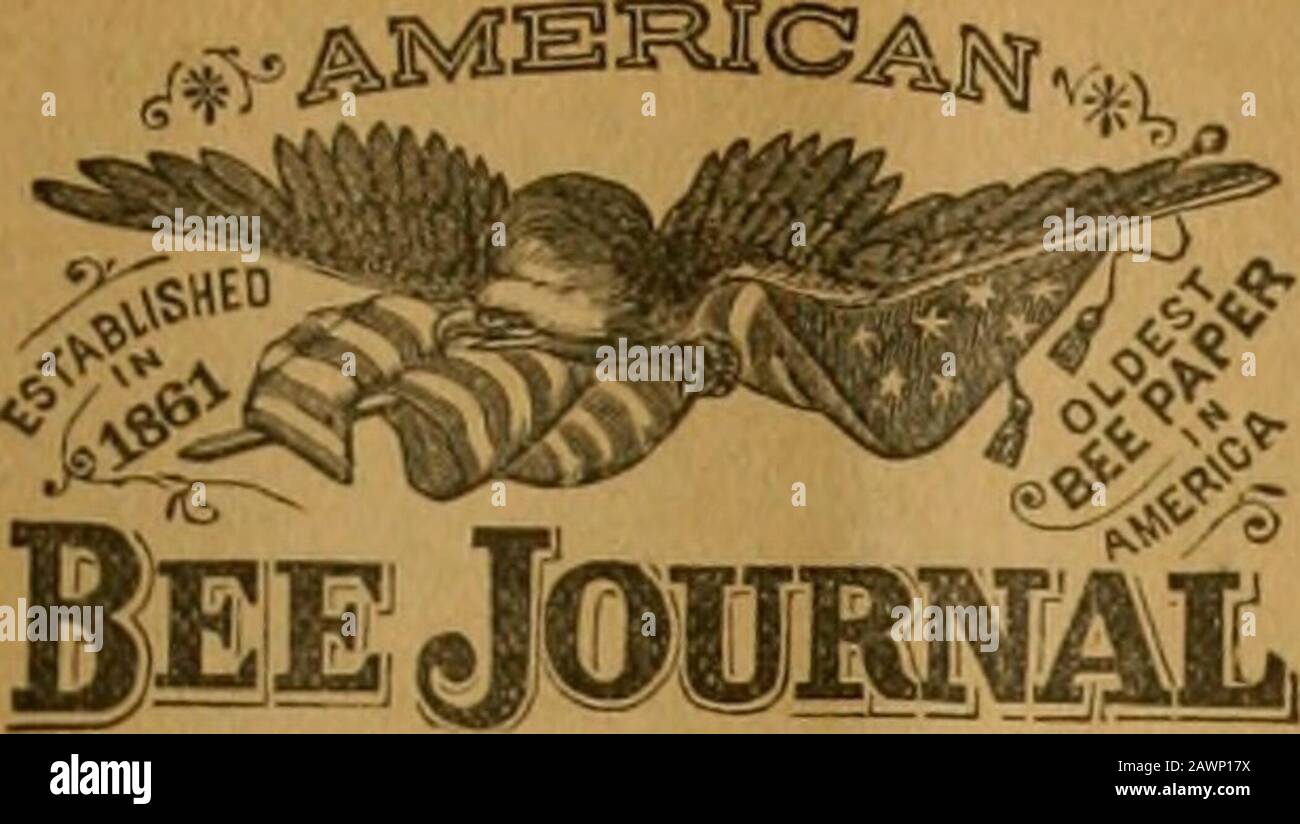 American Bee journal . IPLEY, 57 Chatham Street. Cincinnati.HONEY.- cito estratto a 5@8c. Per !b., e miele pettine, in sezioni da 1 e 2 libbre. I2®Idc., per cui la domanda è buona. Il commercio è inoltre buono in theteated, in vasi di vetro quadrati per uso del tavolo e in barili per i produttori. Cera d'api.-Uemand è buona - 20O22C. Per lb. FO> buona scelta gialla, all'arrivo.ago. 9. F. MUTH & SON, Freeman * Av. Centrale Convento di Oiicago. - Da no-tice a pagina 501, si vedrà che stiamo per liave una convenzione di apicoltori a Chi-cago questo autunno. Il tempo è 16/17/10. Il posto è alla Comm Foto Stock