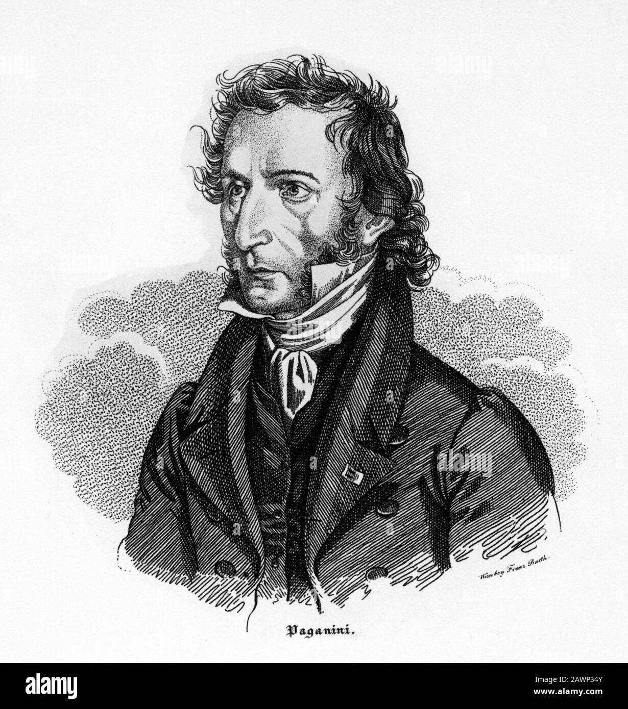 1828 , Vienna , AUSTRIA : il celebre violinista e compositore musicale italiano Niccolò PAGANINI ( 1782 - 1840 ). Ritratto del pittore e engra Foto Stock