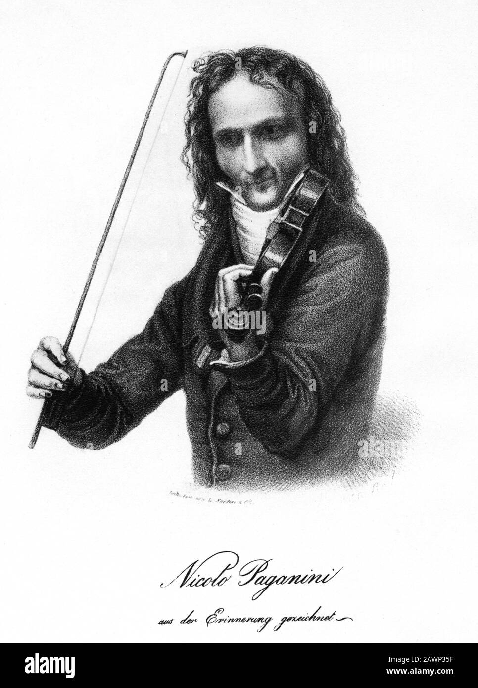 1830 , Berlino , Germania : il celebre violinista e compositore musicale italiano Niccolò PAGANINI ( 1782 - 1840 ). Ritratto del pittore e engra Foto Stock