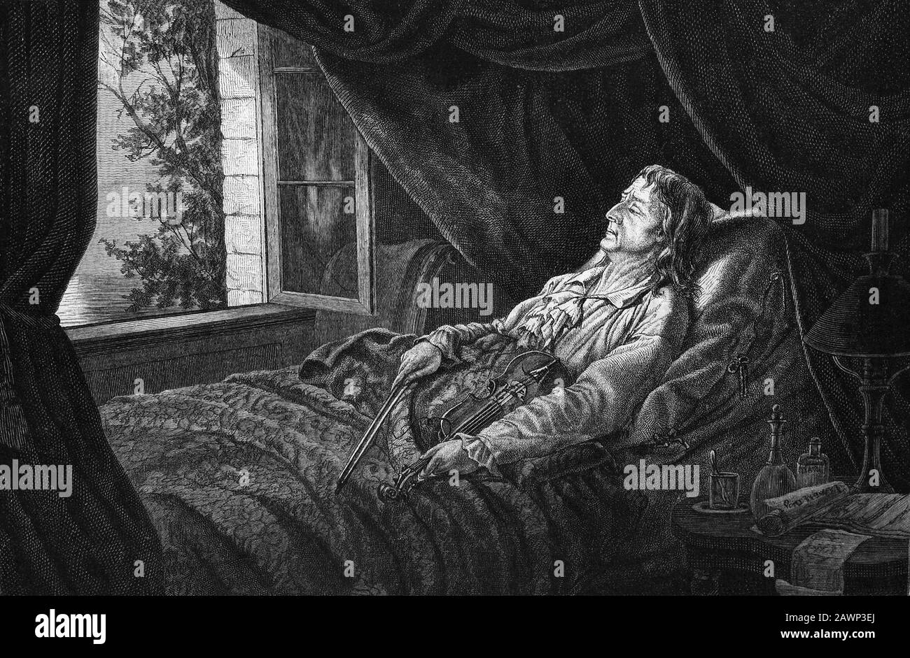 1882 , Germania : il celebre violinista e compositore musicale italiano Niccolò PAGANINI ( 1782 - 1840 ). Ritratto sul letto della morte , illust Foto Stock