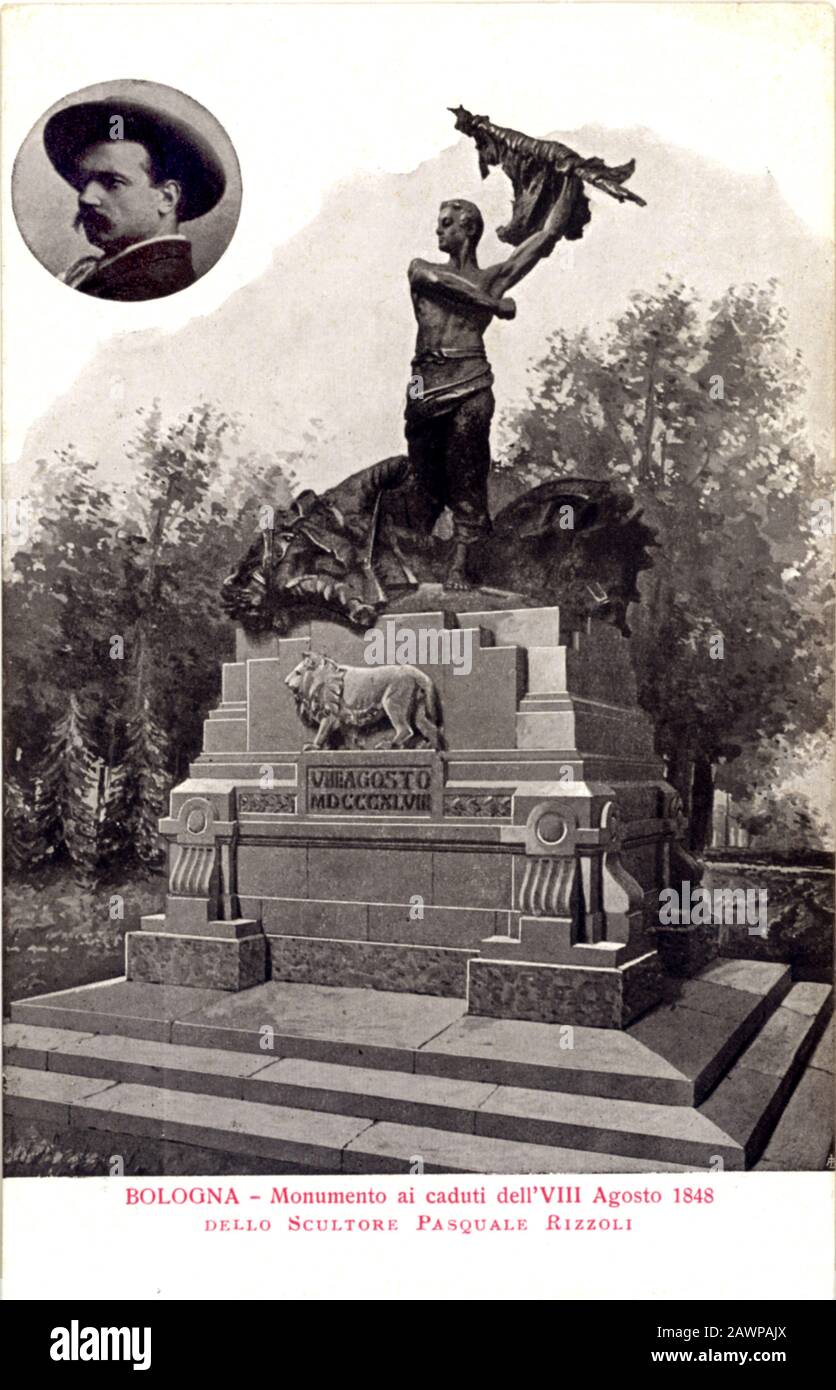 1905 ca , BOLOGNA , ITALIA : PIAZZA VIII AGOSTO 1848 , monumento statua dello scultore PASQUALE RIZZOLI in una cartolina - ITALIA - FOTO STORICHE - STORIA Foto Stock