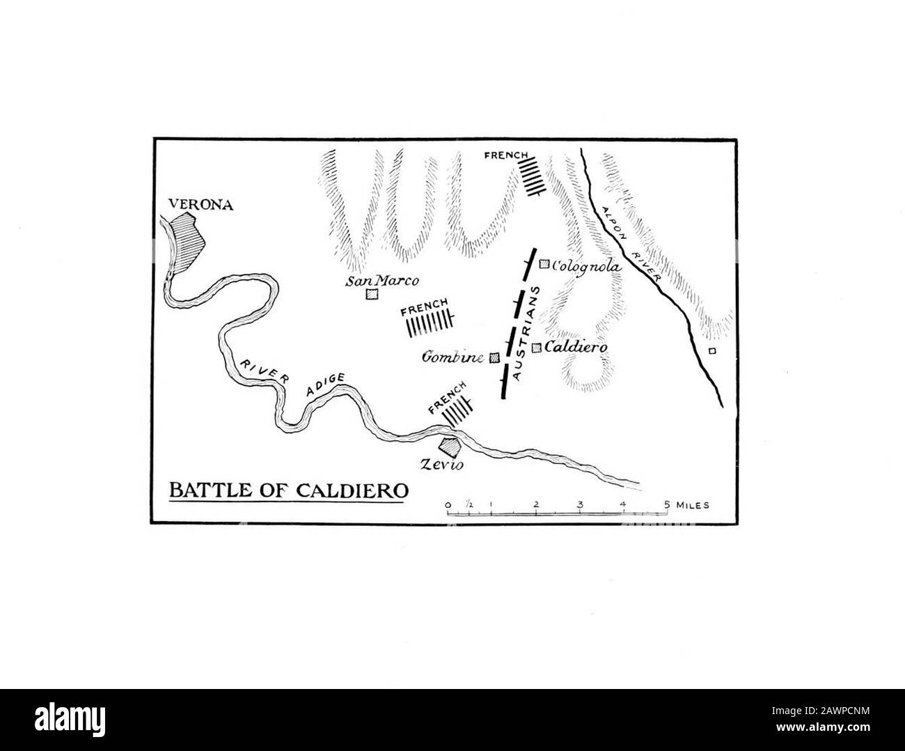 1912 : l'imperatore NAPOLEONE i BONAPARTE ( 1769 - 1821 ) mappa della battaglia di CALDIERO sul fiume Adige nei pressi di Verona , ITALIA , dal libro dei ricordi Foto Stock