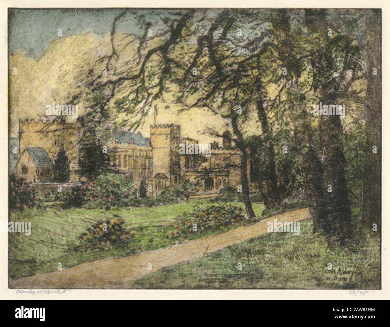 Forde Abbey -in Dorset Inghilterra- incisione colorata a mano di Charles W. Bartlett 1912. Foto Stock