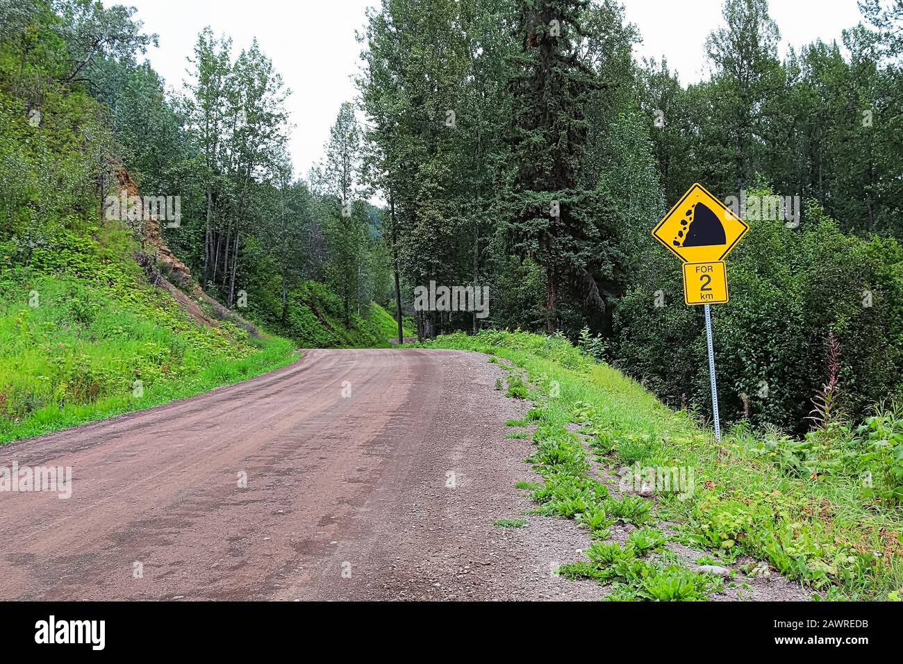 Un avvertimento caduta rocce per due km segno Foto Stock