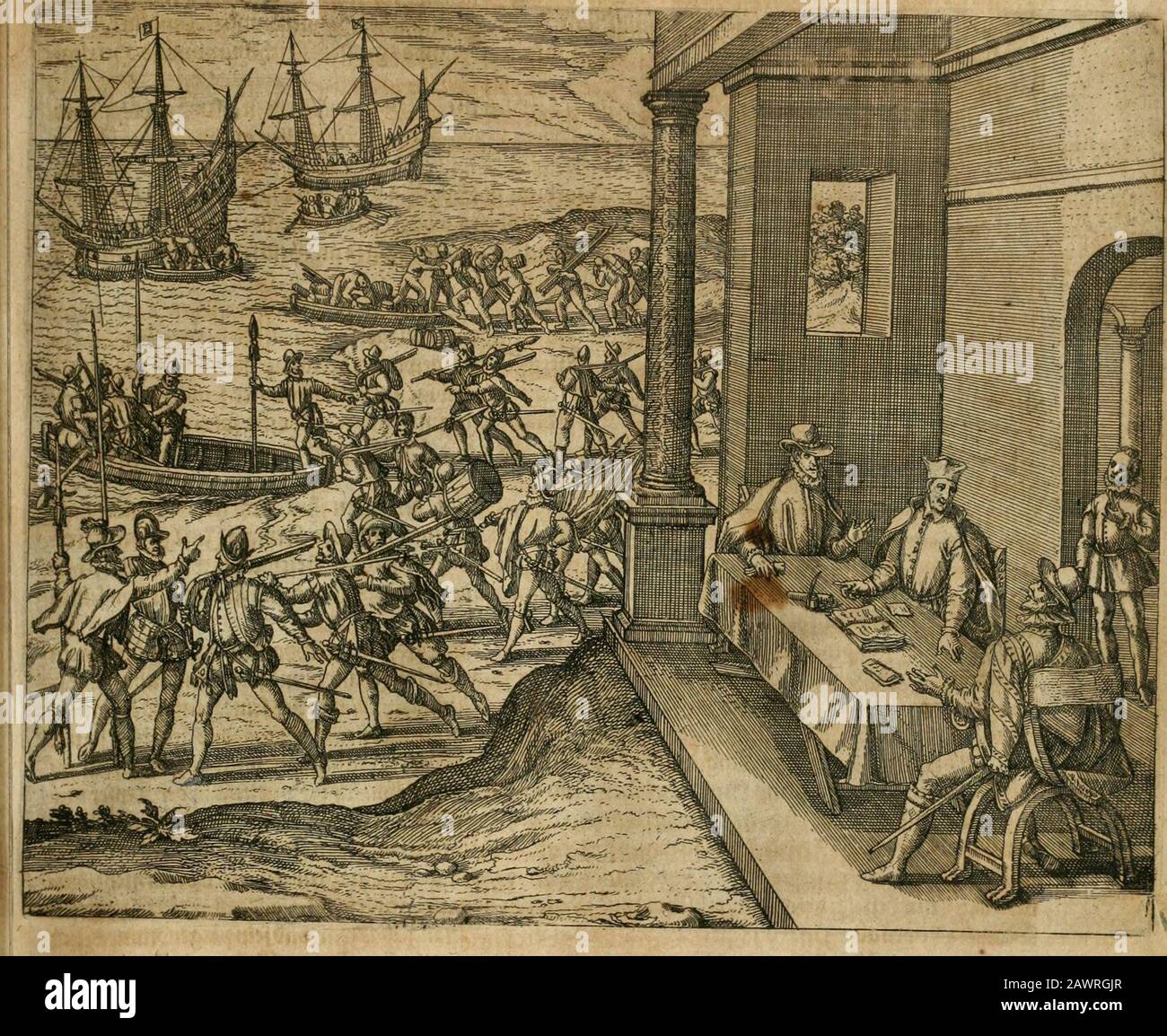 America, das ist, Erfindung vnd Offenbahrung der Newen Welt : deroselbigen Völcker, Gestalt, Sitten, Gebräuch, Policey vnd Gottesdienst . ^ «panamam/ünDrewct/hnfefc/Dajjerfolcfjeeangefangen/önDfurDie^anDgenommen. QUmastü» ®^ ®ff^^^ <^^^ ZUmpf«9«gfn/wolauffg(nommen/»?nDnie^ral6nutjooo.iöucatenoonj^nent>erehret.93onDannenfameranDert 4^rt/Dafiefeinem@efeflenge^drtermaffen2(b(a^gefproc^en platten. 99nDfobafDfie)§rterfa^en/flurmf? Icnfieemmiitigdc^ u )hm em / verlebten lfm miteinem (Steinnnirff ciuflFeinem2(ug/ da^er Deffelbigen BE^ faudetwar^/pnDfcI5ltlgDenmcbrern^f^enlfei^f6Ärleg6^JoIcf65 Foto Stock