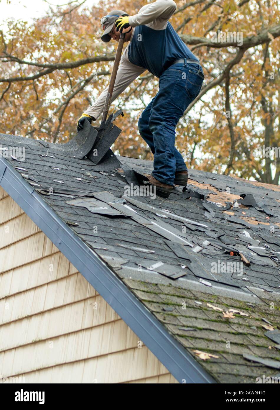 Il lavoratore di copertura è sulla cima di un vecchio tetto che rimuove decadendo vecchi scandole Foto Stock