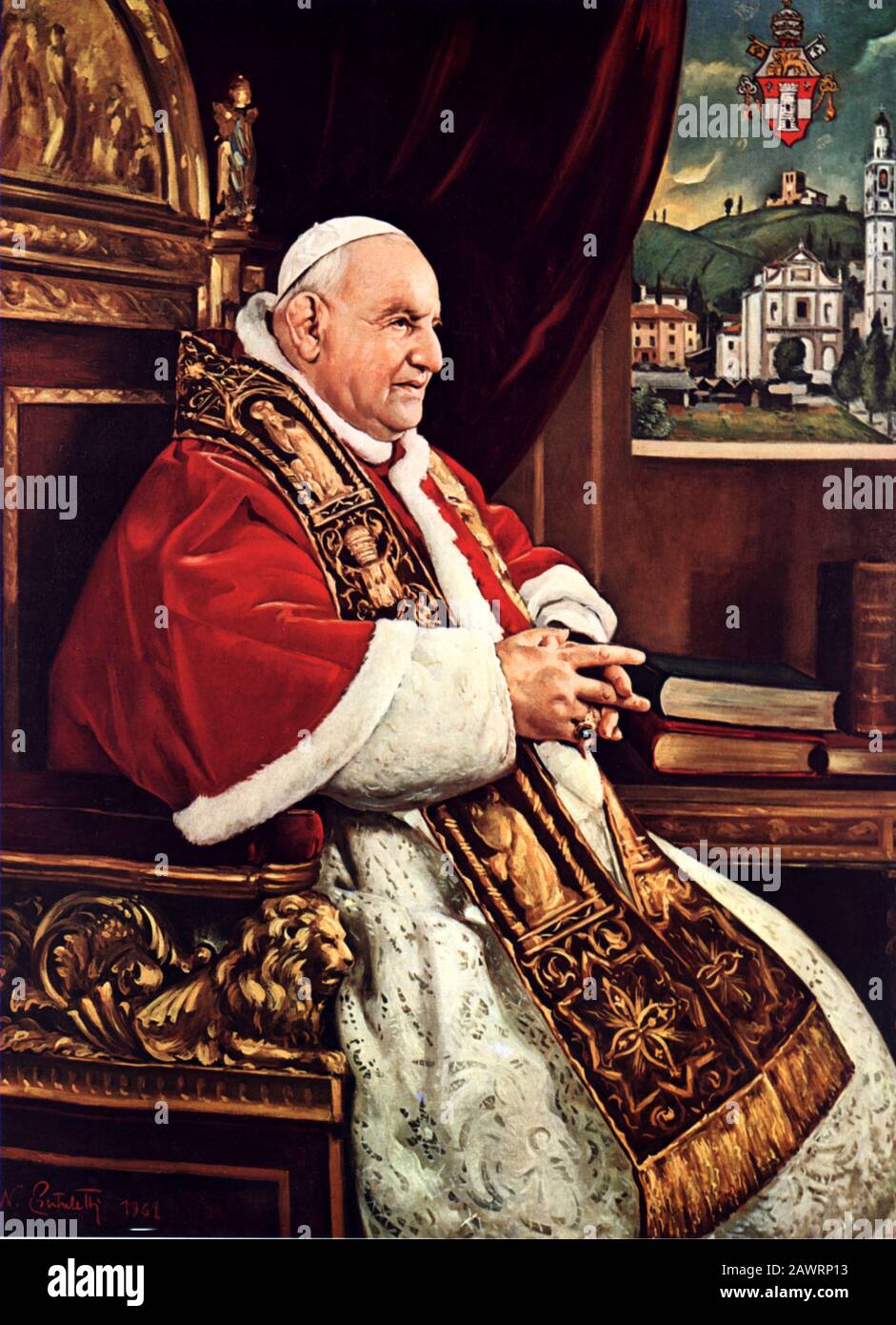 1961 , sotto il Monte , BERGAMO , ITALIA : il Papa giovanni XXIII ( 1881 - 1963 ), nato ANGELO RONCALLI . In questa foto il ritratto del pittore N Foto Stock