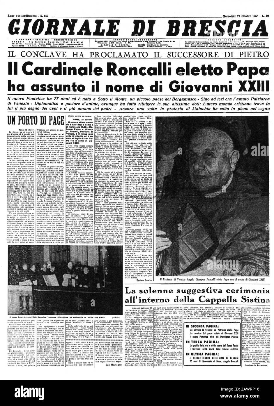 1958 , 29 ottobre , ROMA , ITALIA : il Papa giovanni XXIII ( 1881 - 1963 ), nato ANGELO RONCALLI . Prima pagina del giornale italiano GIORNALE DI BR Foto Stock