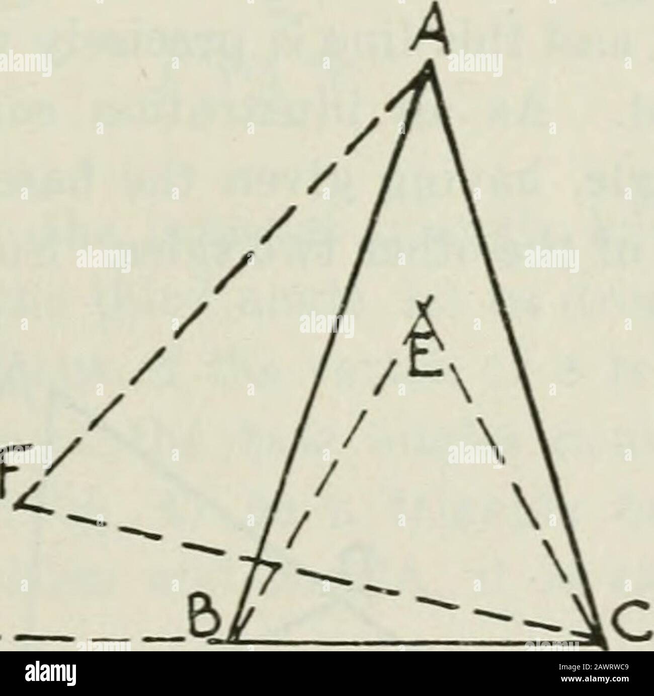 Texas Matematica Teachers' Bulletin . (1) un angolo retto. Dal vertice A della misura DAB ad angolo retto su uno dei suoi lati un segmento AB e su questo segmento viene descritto un triangolo equilat-eral ABC, quindi l'angolo CAD è un terzo dell'angolo a destra DAB. 0  B. F:^.^. (2) un angolo di 108° può essere facilmente costruito e sezionato. La decima proposizione del quarto Libro di Euclid,viz.: Costruire un triangolo isoscele avente ciascuno degli angoli di base il doppio dell'angolo rimanente fa questo. Infatti, il problema si verifica nei nostri testi comuni della scuola sulla geometria nella iscrizione di un normale decagono in un ci Foto Stock