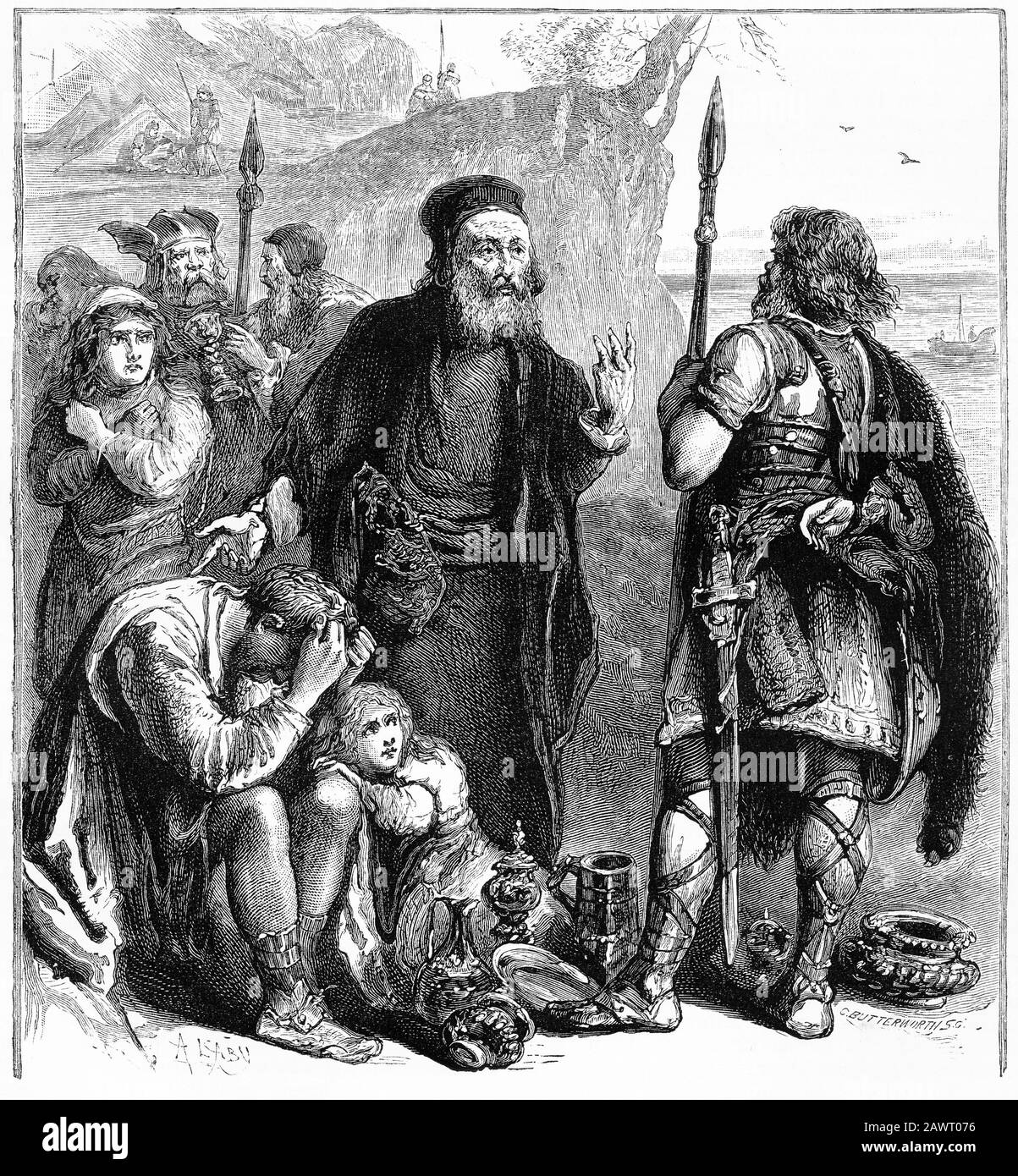 Incisione di ebrei che presumibilmente vendono cristiani come schiavi in Europa durante il 600s in Europa Foto Stock