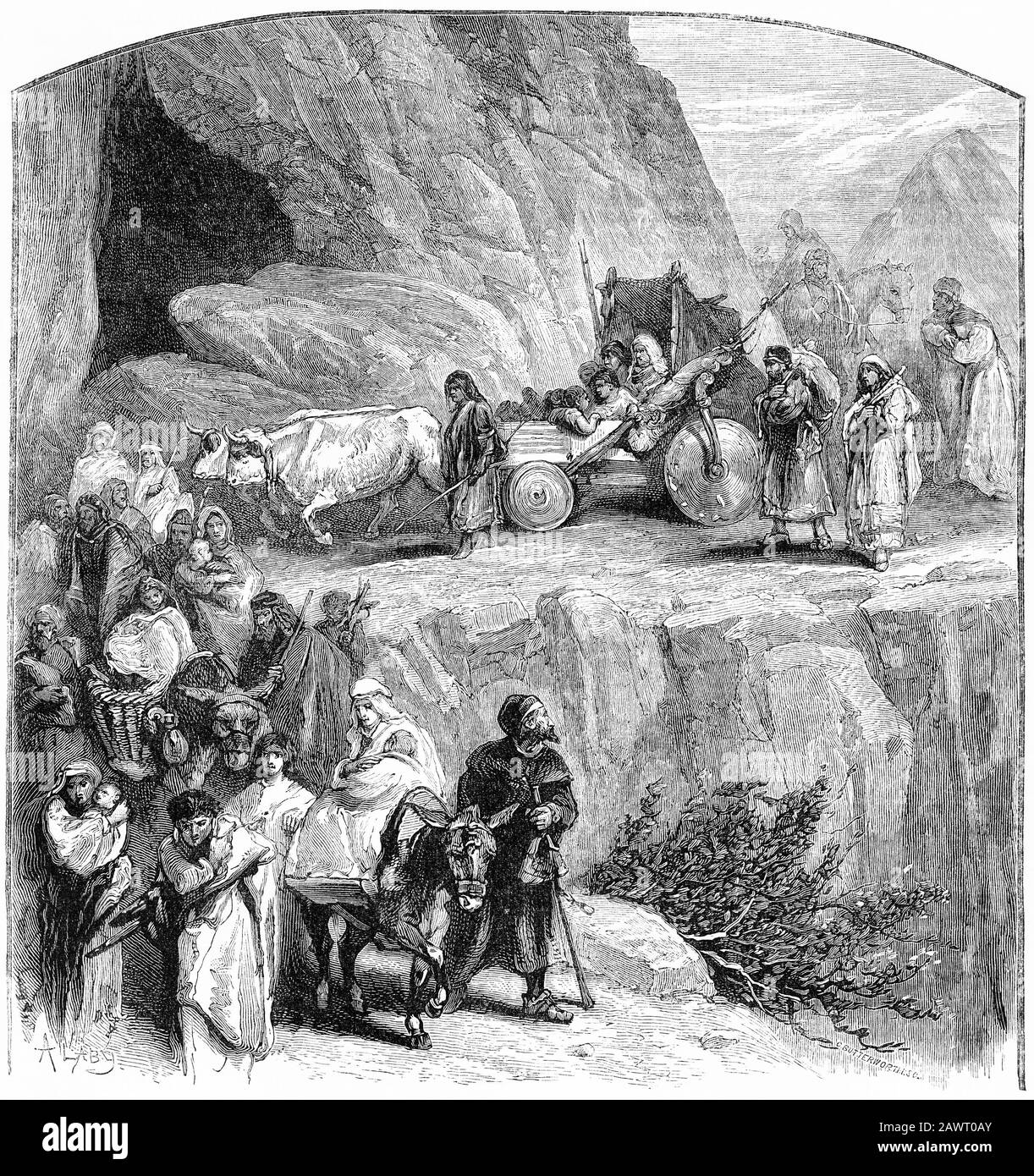 Incisione di famiglie ebraiche cacciate dalla Spagna nella 700s Foto Stock