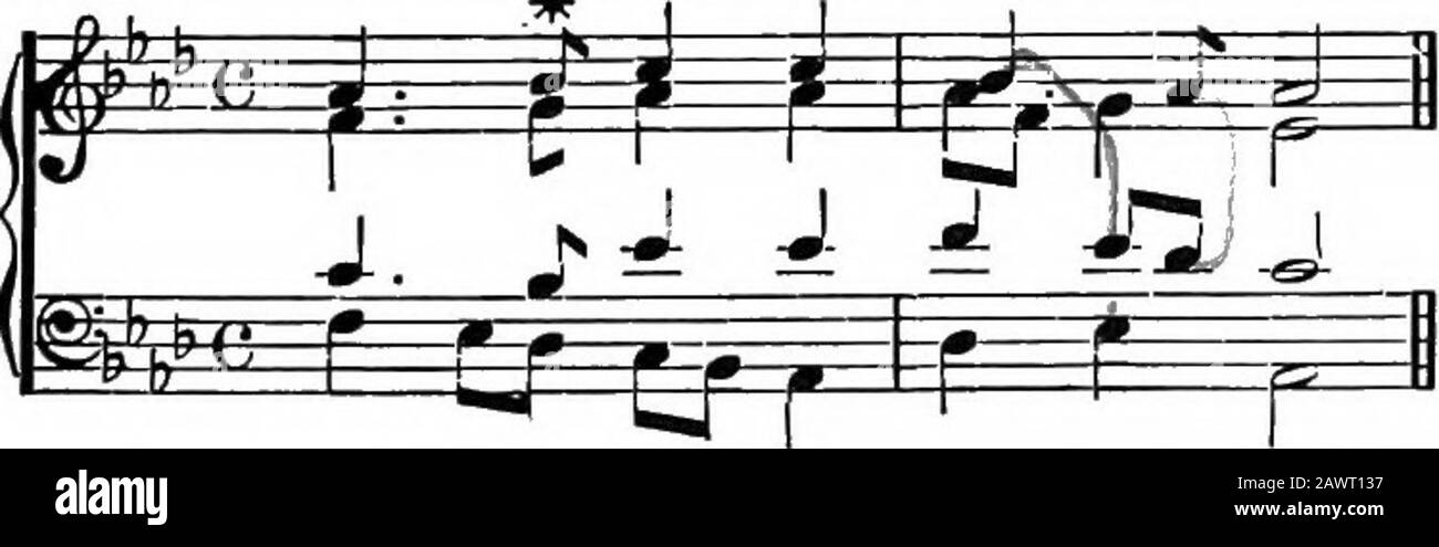 Armonia, teoria e pratica . il basso viene nuovamente avvicinato e lasciato a passo. In questo passaggio si vedrà anche un cadenziale ^ (Ic V). 187. La seconda inversione della triade diminuita sulla nota di delleading (yi°c,) è solo molto raramente da trovare in quattro-partharmony. /* Bach. Cantata, Dazu ist erschienen. Ez,122.. ^^^ il nostro estratto proviene da una chiesa cantata di Bach, e dà un'illustrazione della libertà della sua scrittura. Nella seconda barra si vedrà quinti consecutivi tra gli alti e tenor.Ma qui la nota degli alti (A i?) non è una nota dell'armonia, anticipazione butana di una nota Foto Stock