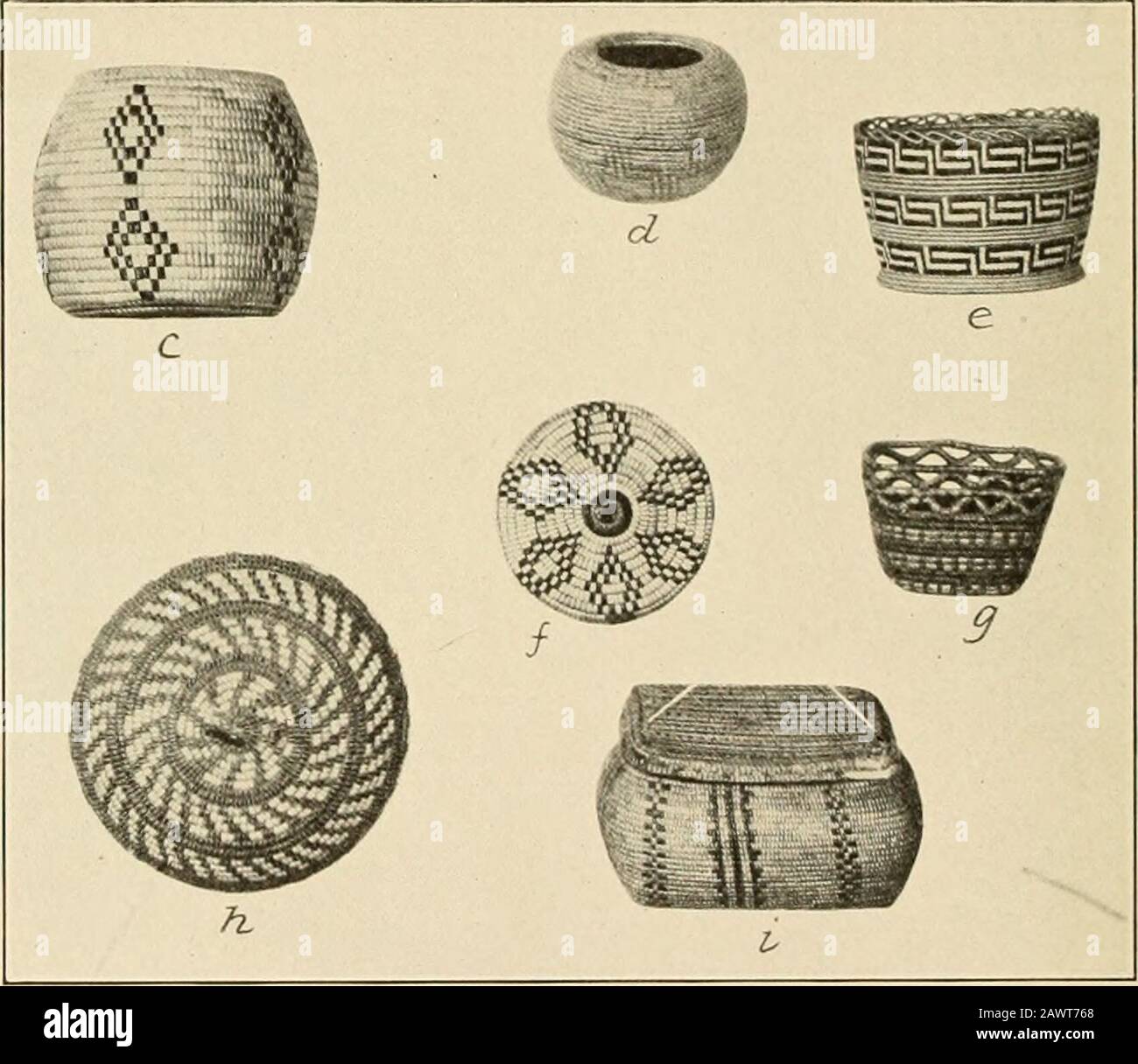 Relazione annuale dell'Ufficio di Etnologia americana al Segretario dell'Istituto Smithsonian . Thompson E LILLOOET CESTINI PIASTRA 17 FVictoryiu Museo, Ottaval a, Thompson. VI.M. 432. Design: Montagne. (Ai lati, Duclts sull'acqua) b, Thompson. VI.M. 58. Design: Punte di freccia con stelle dentro c, Lillooet. VI.O. 10. (Coperchio vedere/) d, Lilloeet. VI.O. 12 e, Thompson. VI.M. 49. Design: Zigzag, Step/. Lilloeet. VI.O. 10. Coperchio a c g, Thompson o Lilloeet. VI.M. 87. Moderno basfceth. Thompson. VI.M. 65. Design: Ribi, Lillooet. VI.O. 11 RIFERIMENTI A PIATTO Fancy basket con anelli Diamonds delineato in Foto Stock