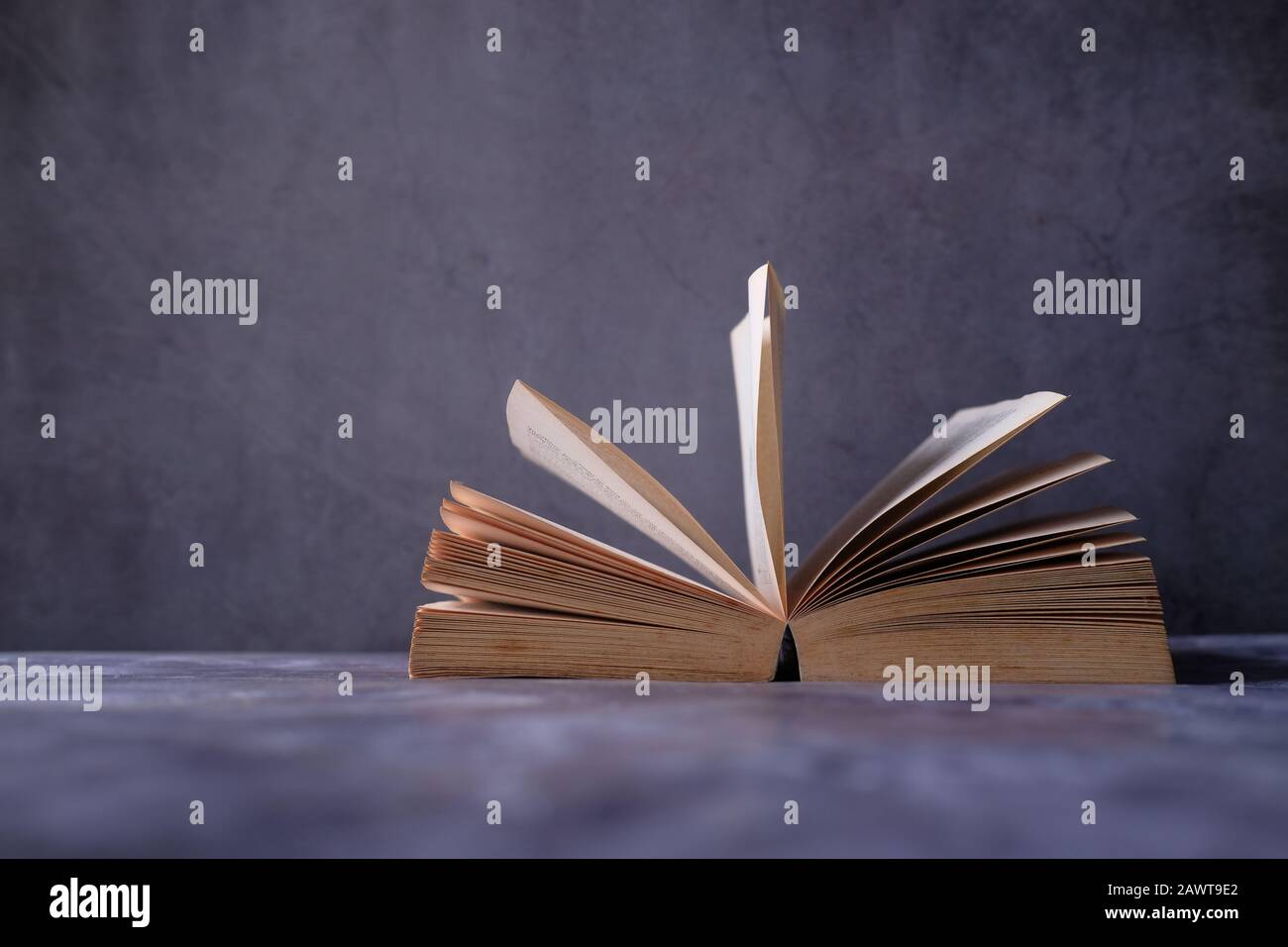 libro aperto su sfondo nero, istruzione e concetto di saggezza Foto Stock