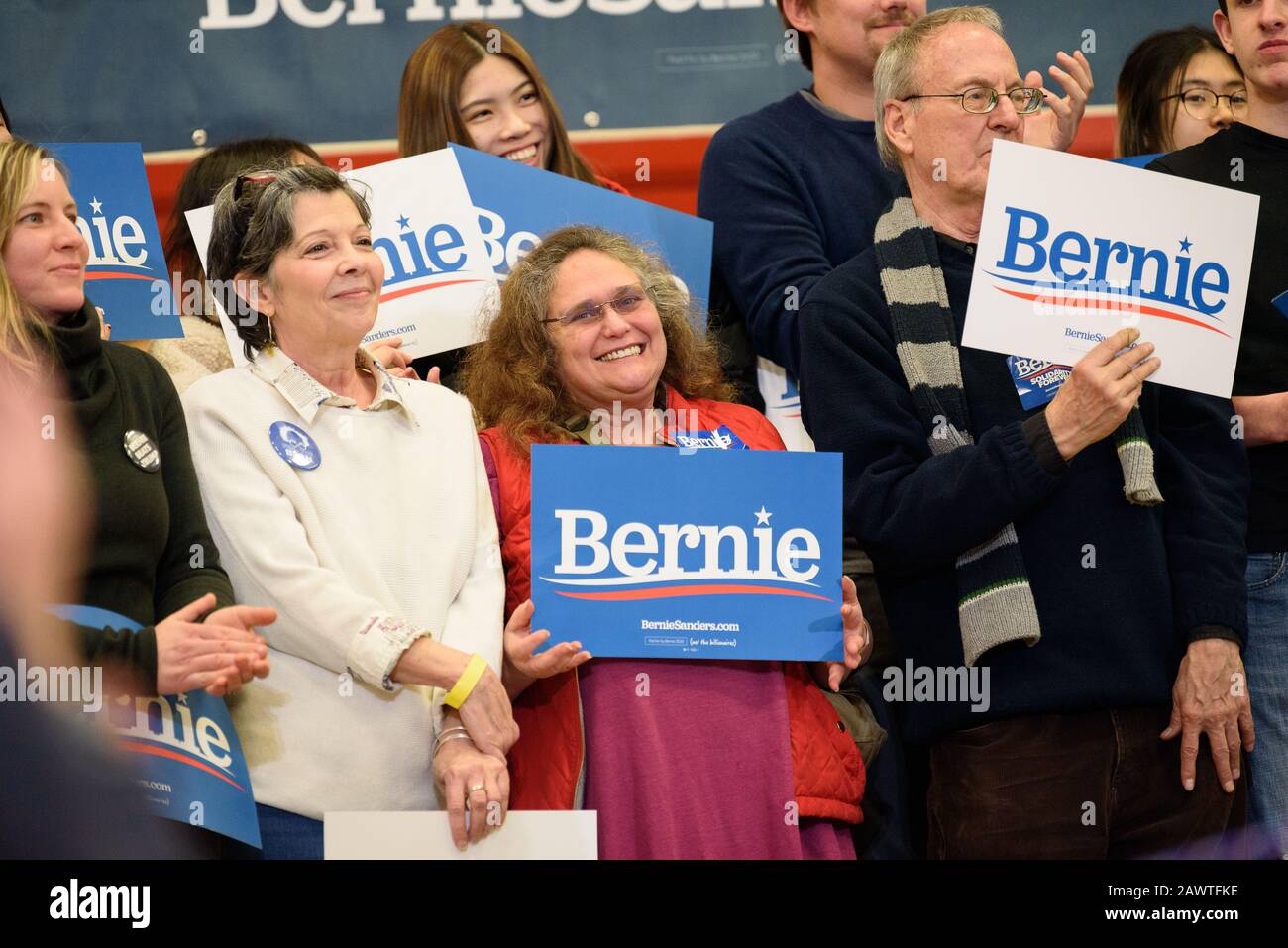 Bernie Sanders sostenitori, Sanders campagna rally, Claremont, NH, 2020 New Hampshire Primary. Foto Stock