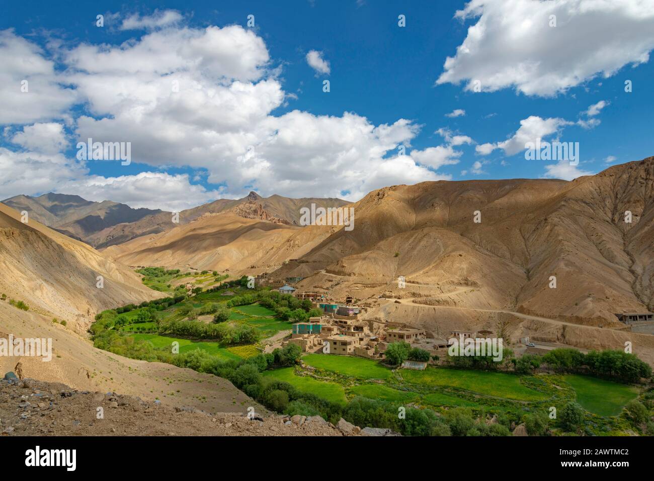 Edifici di villaggio e agricoltura circondati da montagne, Passo di Fotula, Ladakh, India Foto Stock