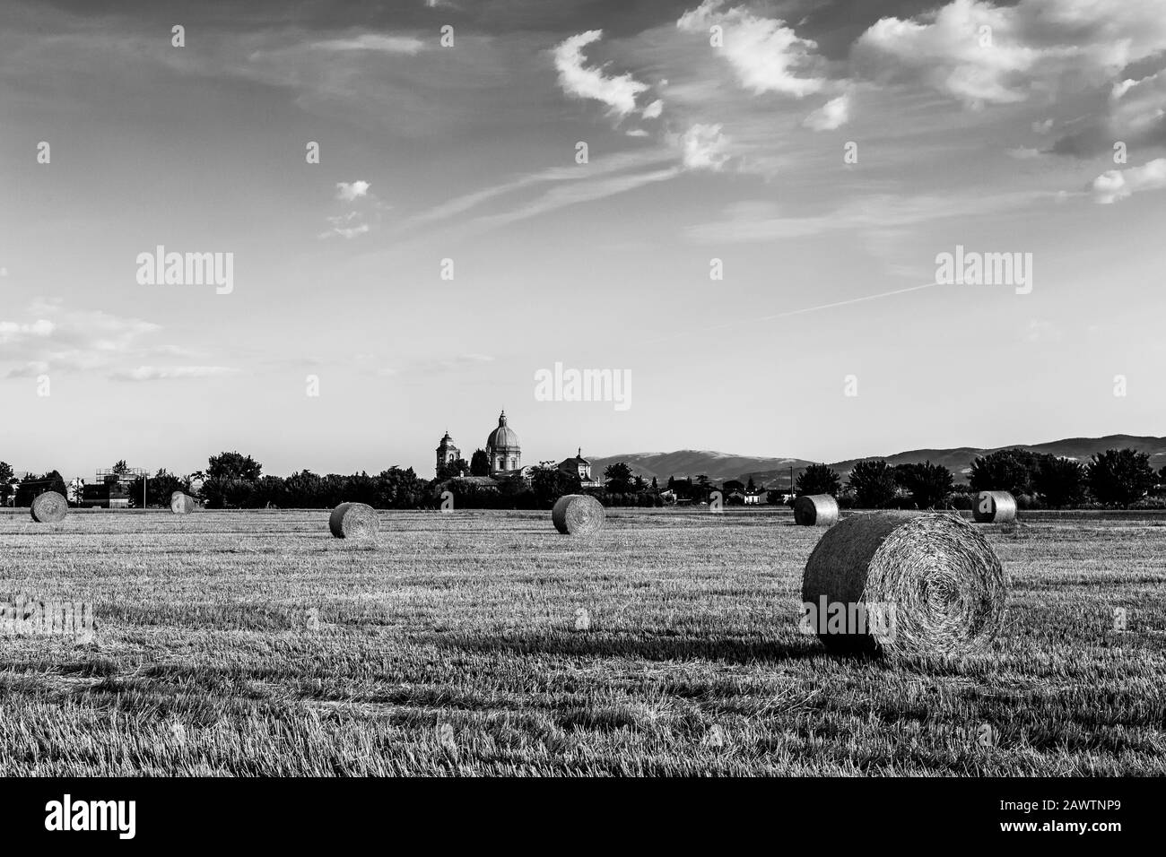 Un campo con balle di fieno, con la chiesa di Santa Maria degli Angeli (Assisi) sullo sfondo Foto Stock