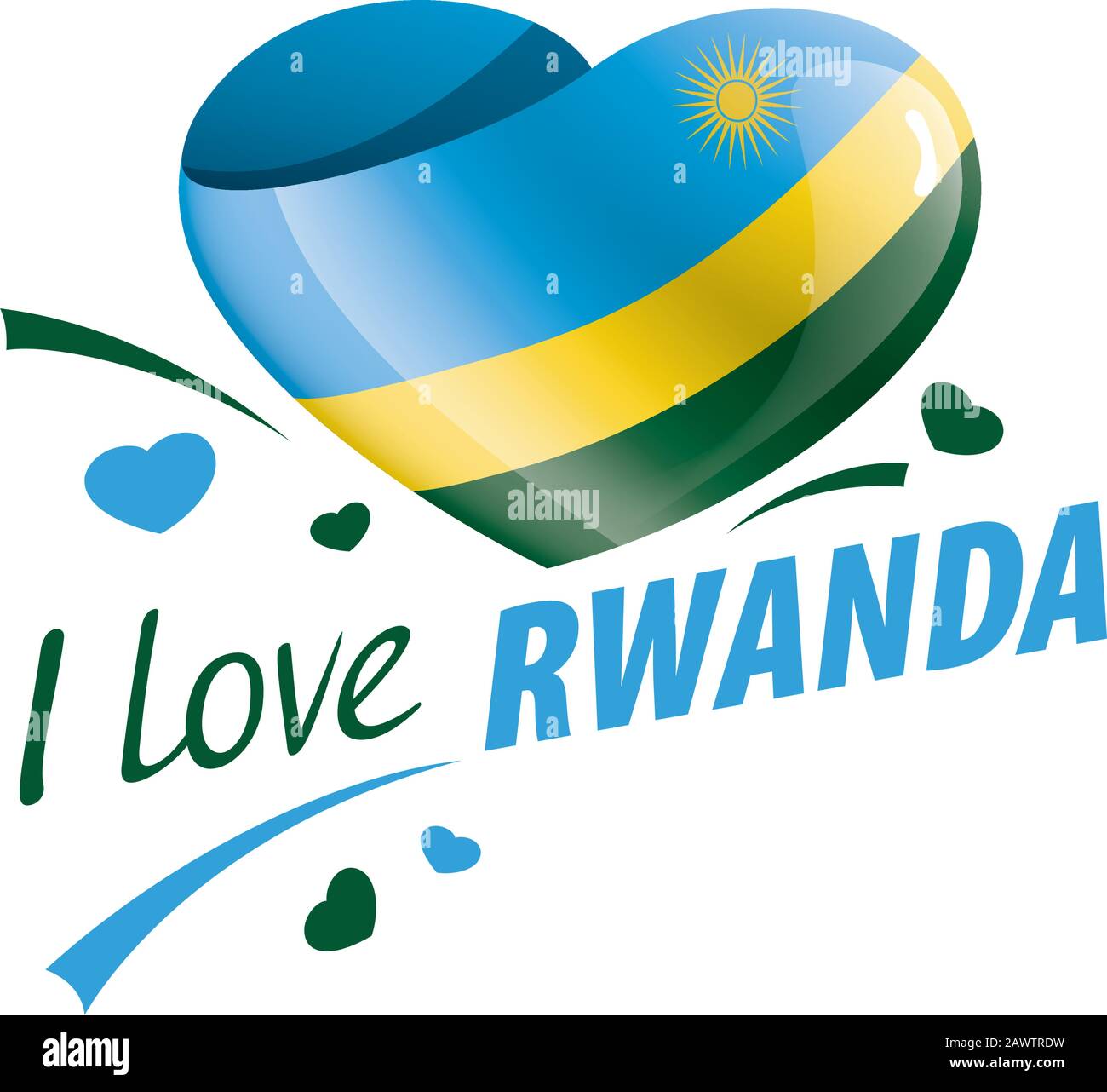 Bandiera nazionale del Rwanda a forma di cuore e l'iscrizione mi piace il Rwanda. Illustrazione del vettore Illustrazione Vettoriale