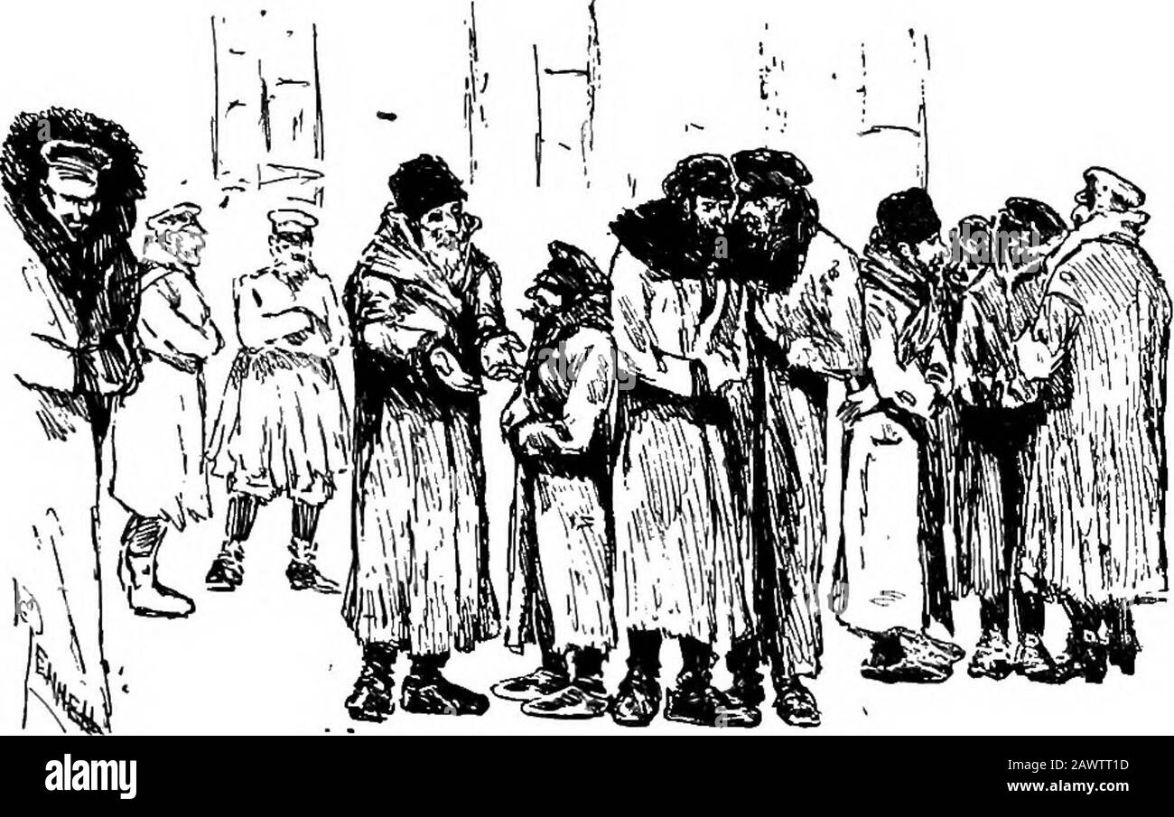 L'ebreo a casa: Impressioni di un'estate e di un autunno trascorse con lui . s con loro. Mentre si passa in treno yovee le loro lunghe figure nere che si staltano attraverso i campi, e come la vostra carrozza arriva ad una fermata yoImmagine siete arrivati in una nuova Gerusalemme.La stazione più merest strada è affollata conwithloro; bloccano le uscite e le en-trances ; Relativamente pochi ottengono sopra o fuori thetrain, benchè questi ebrei viaggeranno tutto il disdetto se facendo così possono maneggiare i enoughmoney per coprire il loro biglietto ferroviario. L'ex-cuse che permette loro di superare le stazioni ferroviarie di Rus-sian è che sono venuti per Foto Stock