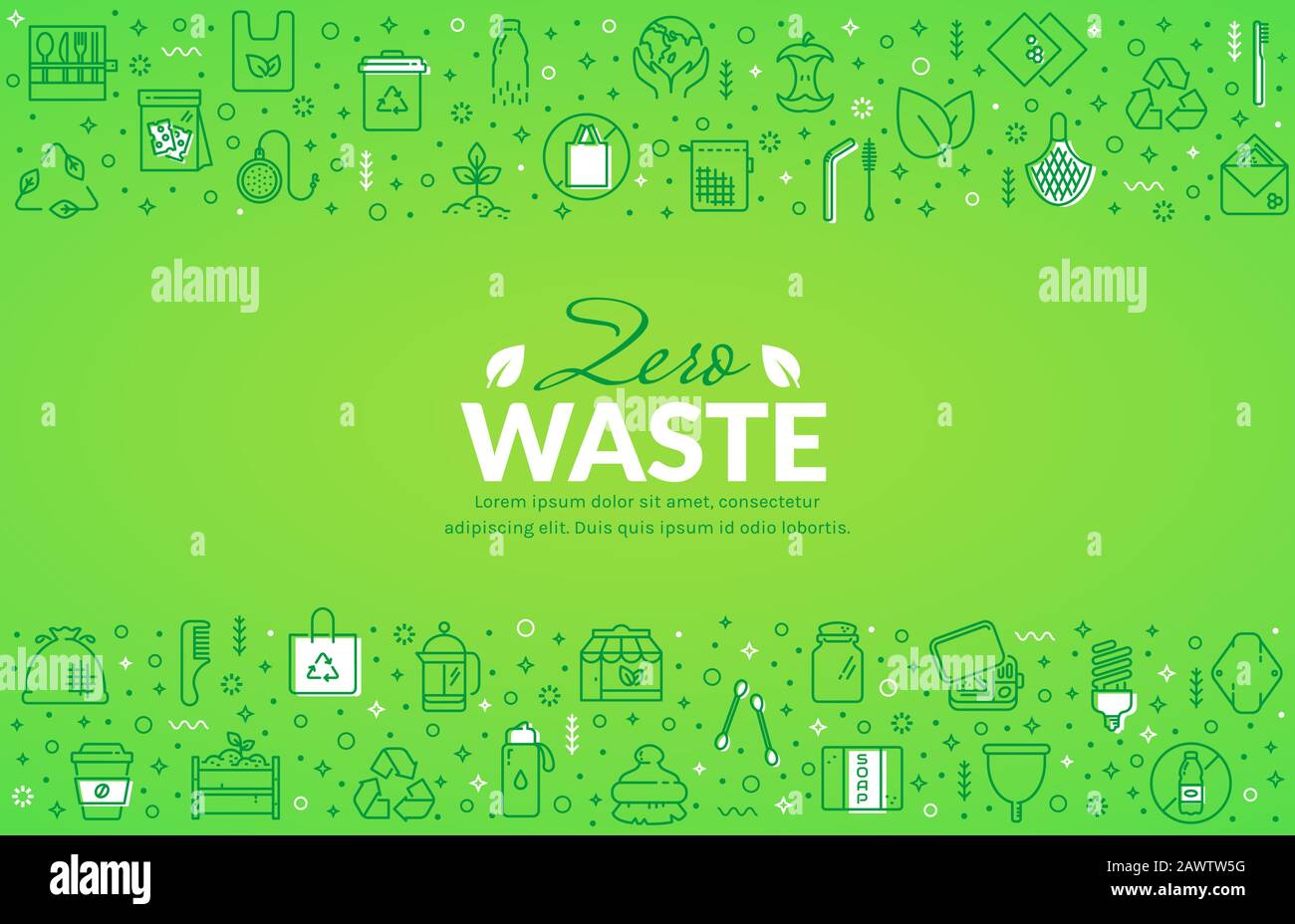 Banner Web zero-waste con icone di linea. Riciclaggio, articoli riutilizzabili, plastica libera, salvare il pianeta e eco stile di vita temi. Sfondo orizzontale vettoriale Illustrazione Vettoriale