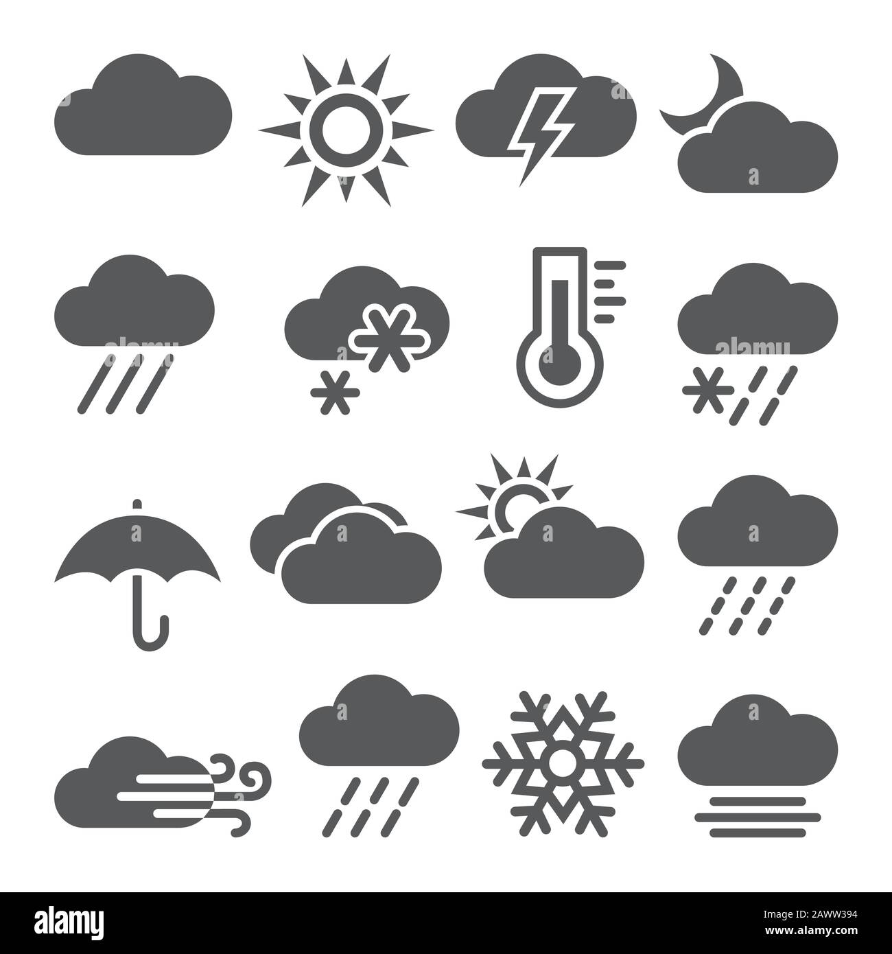 Icone meteo impostate su sfondo bianco Illustrazione Vettoriale