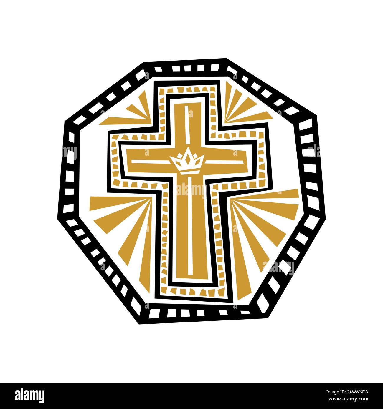 Illustrazione cristiana. Croce di Gesù Cristo con disegni grafici. Radianza e raggi. Illustrazione Vettoriale