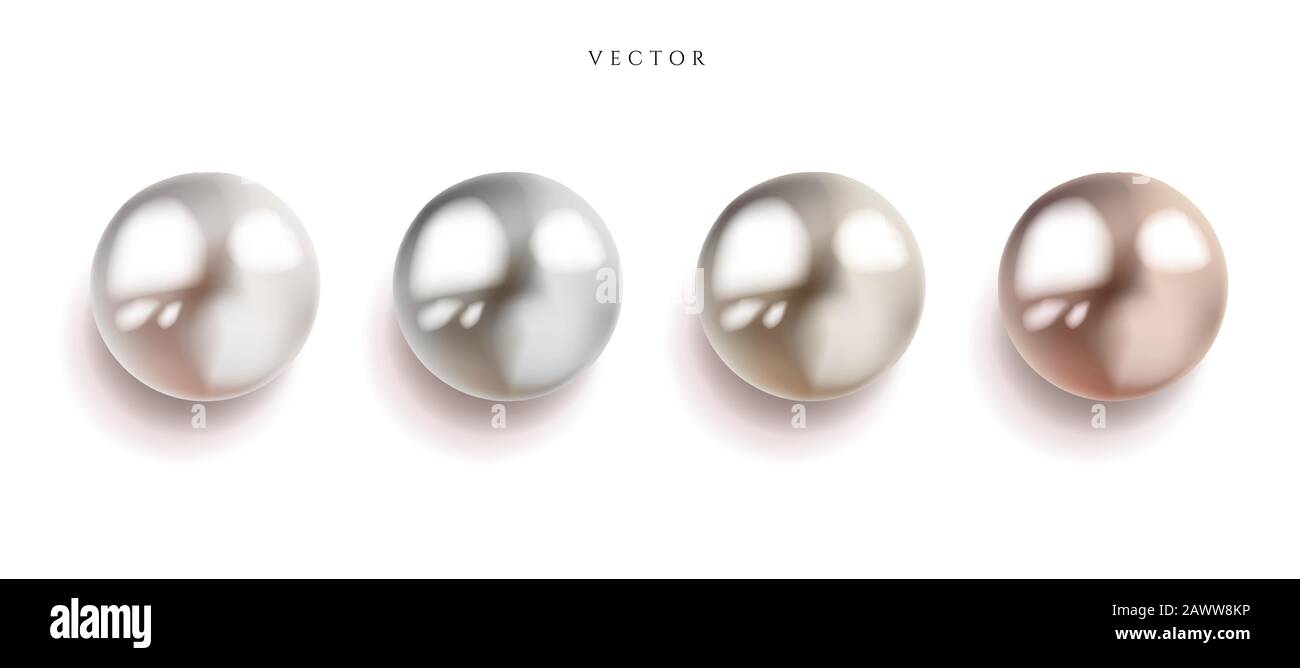 Set di perle argento, rosa o oro rosa e sfere d'oro con icone glares isolato su sfondo bianco, illustrazione vettoriale. Illustrazione Vettoriale