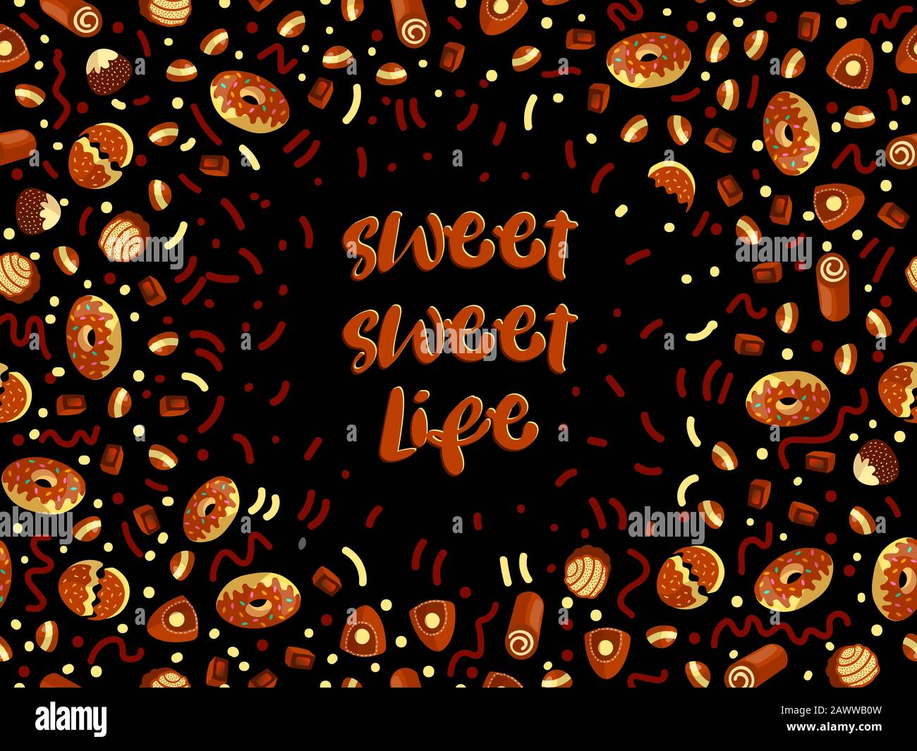 Scatola di cioccolatini telaio del choco caramelle su sfondo nero. Scatola di cioccolatini banner, vista dall'alto, laici piatta con elementi decorativi. Chocolats candy Illustrazione Vettoriale