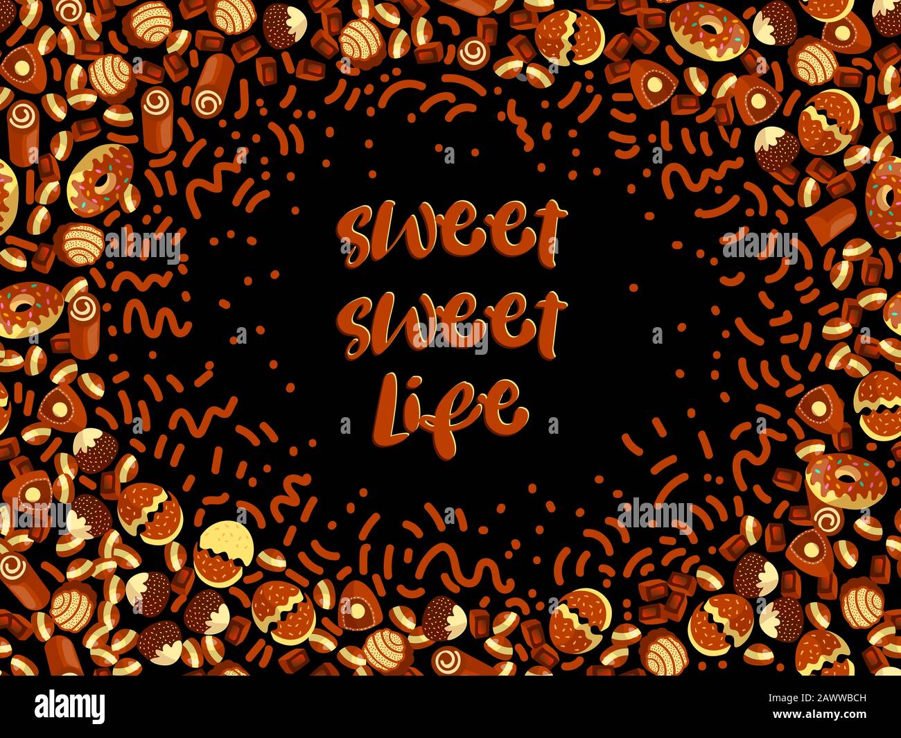 Scatola di cioccolatini telaio del choco caramelle su sfondo nero. Scatola di cioccolatini banner, vista dall'alto, laici piatta con elementi decorativi. Chocolats candy Illustrazione Vettoriale