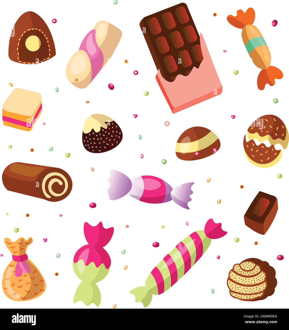 Sweet cartoon candy set. Raccolta di dolci, stile cartoon. Jelly, caramelle, dolci, ciambella dolci e marmellate. Enorme insieme di cartoon doodle forma di caramelle Illustrazione Vettoriale