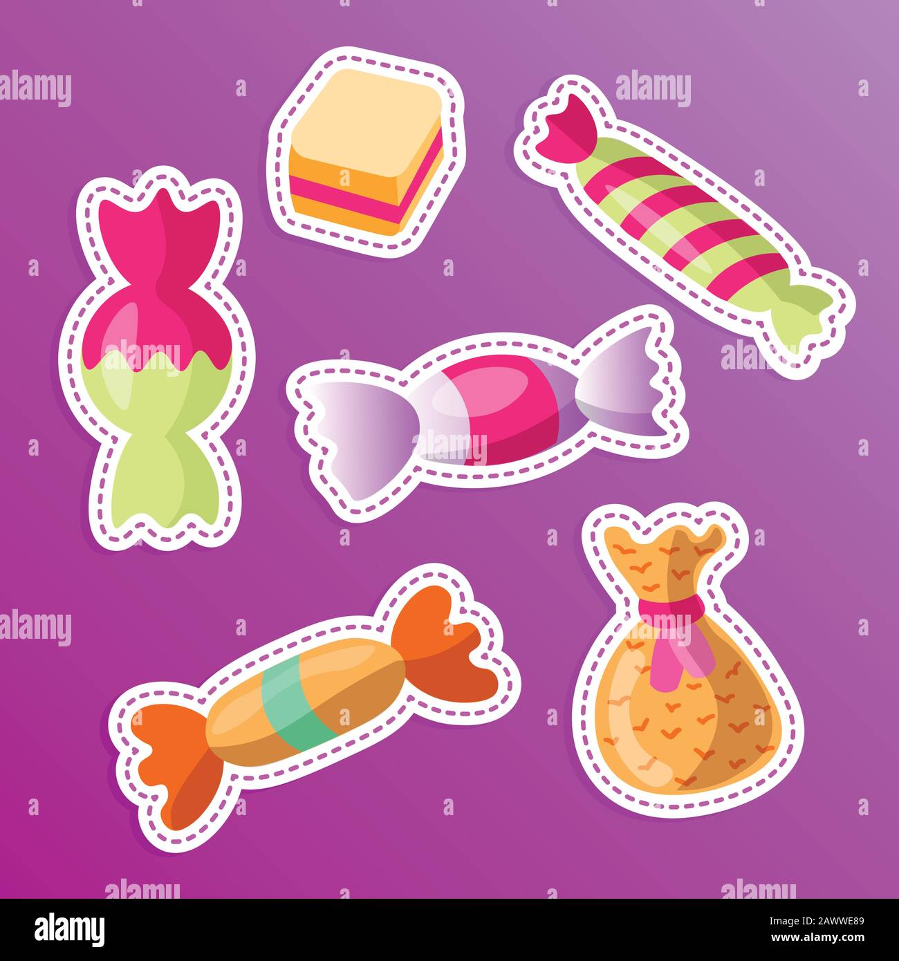 Set di caramelle con adesivo per cartoni animati. Collezione di dolci, in stile cartone animato. Caramelle in wrap, confezione di caramelle, dolci raccolta. Cartone animato doodle forma caramelle Illustrazione Vettoriale