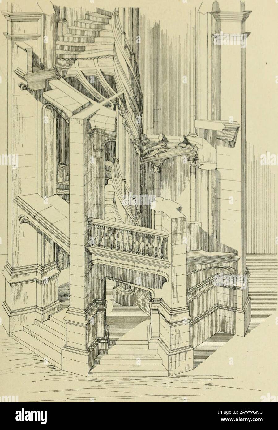 L'architecturele passé.--le présent . Fig. 58. Point dappui Louis XII au château de Blois. Plus ou moins appropriato. Il est cependant une tentative àsignaler pour son originalité dans léglise de la Ferté-Bernard(Sarthe), où les Arcs diagonaux se croisanfportent non Plus desvoûtes, mais des plafonds de pierre par lintermédiaire de tympansajourés, dont les éléutiles sont constitutés au moyen de. Fig- 59- Château de Blois.(Escalier de François i&lt;), io6 LARCHITECTURE petites colonnettes, minuant de hauteur au fur et à mesurequelles se riapprochent du sommet (fig. 55). Au niveau supé-ri Foto Stock